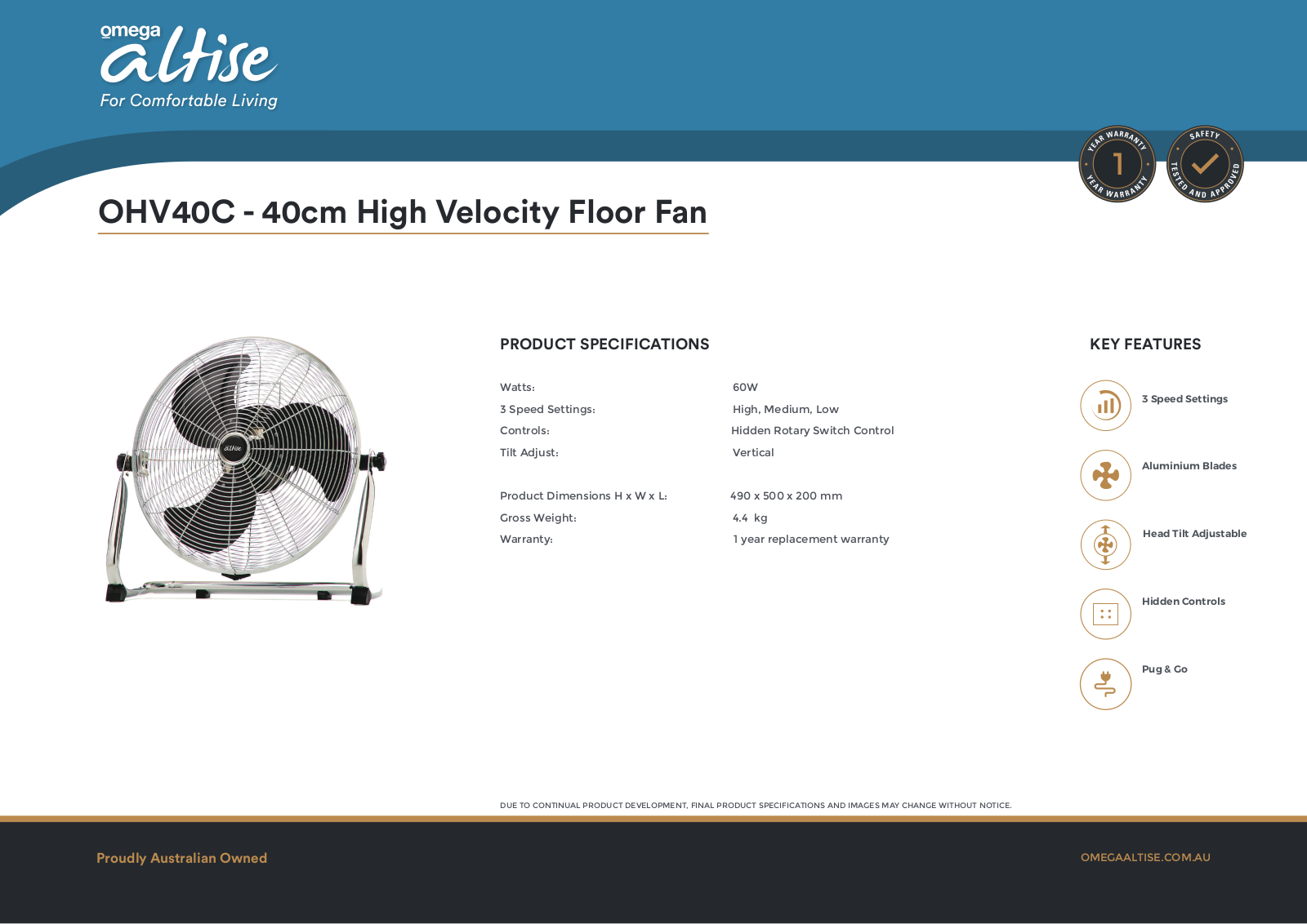 Omega Altise OHV40C Specifications Sheet