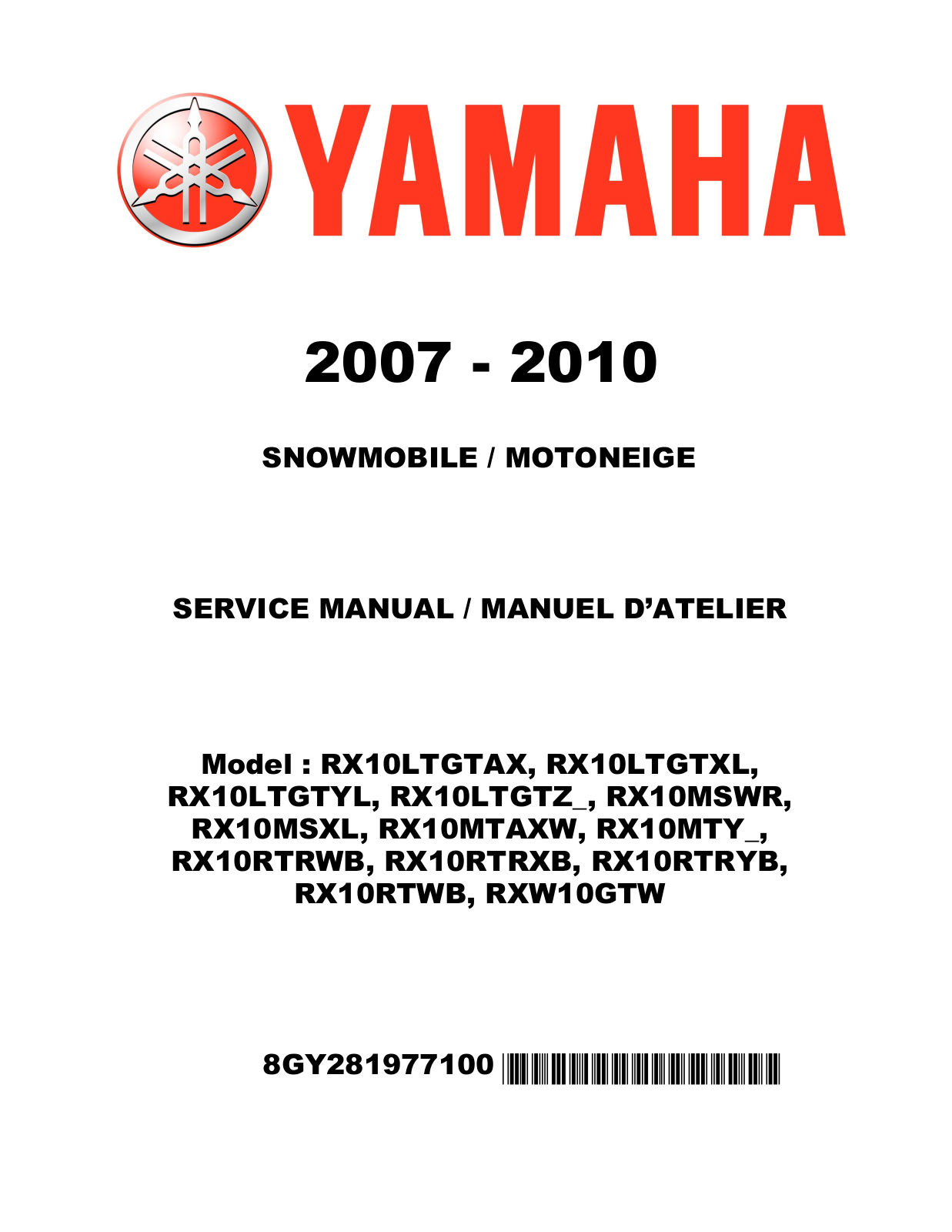 Yamaha RX10MTY Series, RX10LTGTAX, RX10RTRWB, RX10RTRXB, RX10RTRYB Service Manual