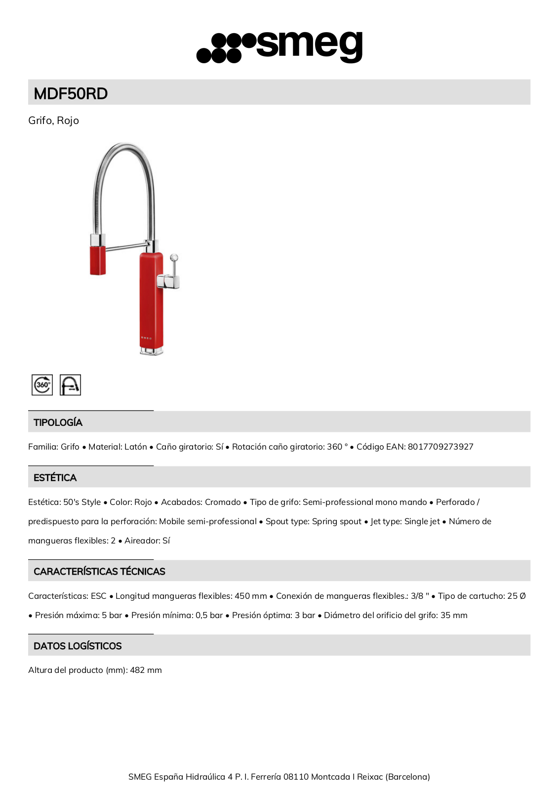 Smeg MDF50RD Product Information Sheet