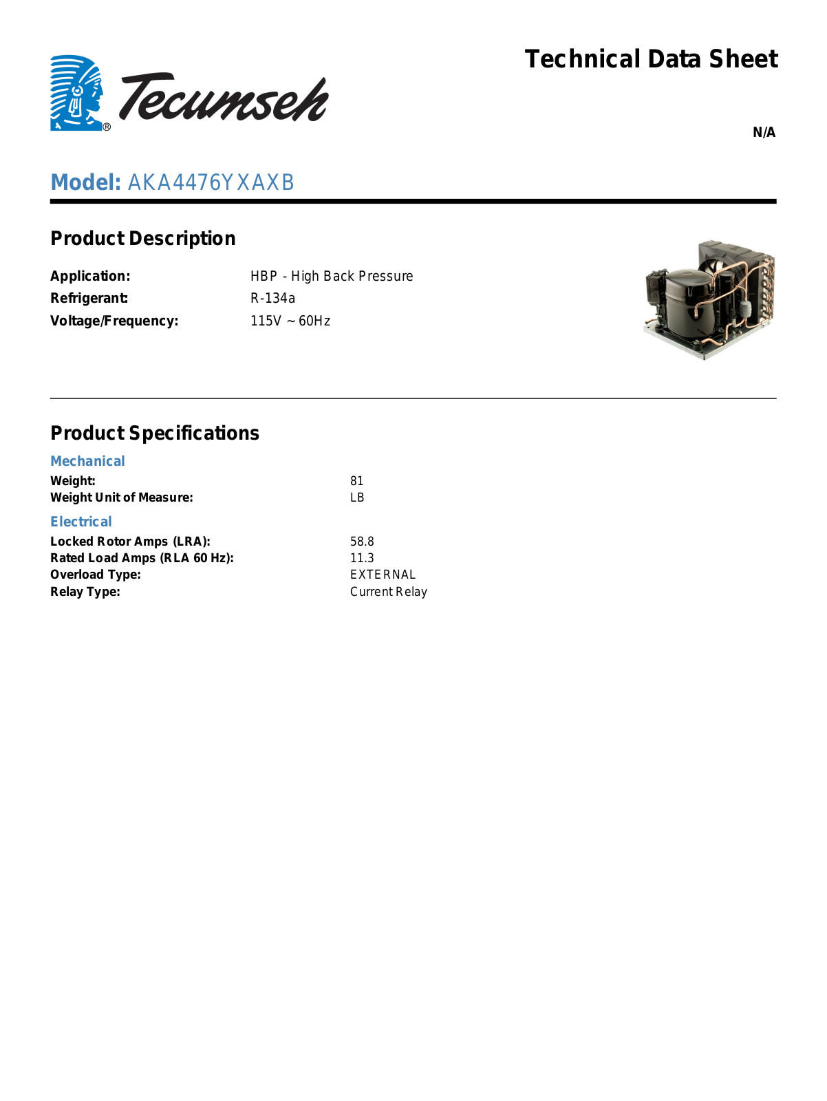 Tecumseh AKA4476YXAXB Technical Data Sheet