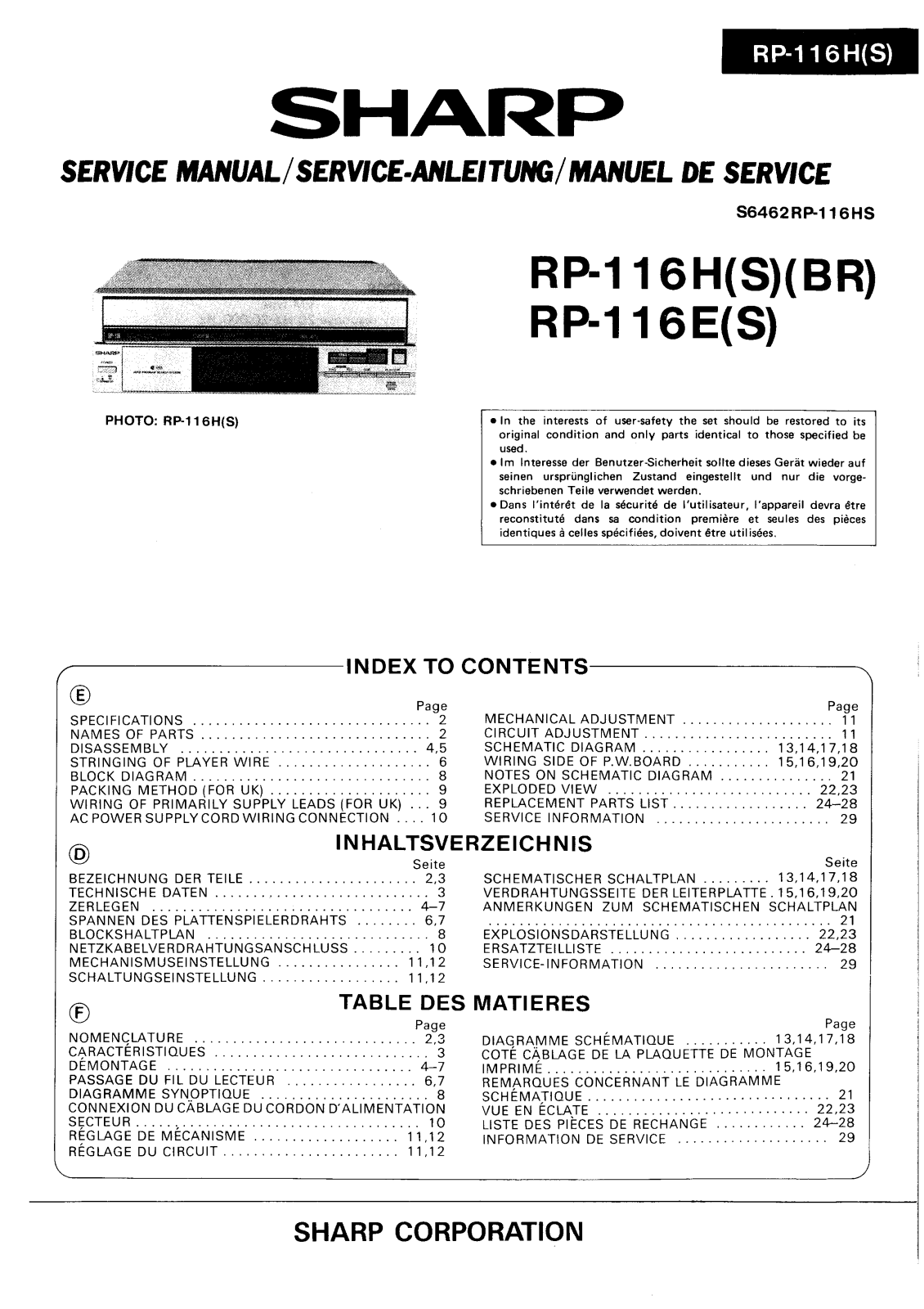 Sharp RP-116-E, RP-116-H Service manual