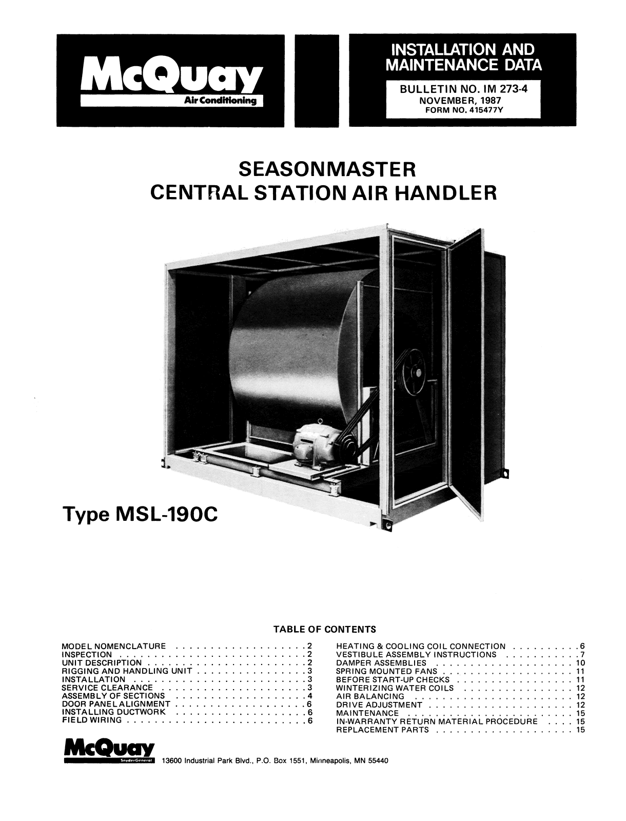 McQuay MSL-190C Installation  Manual