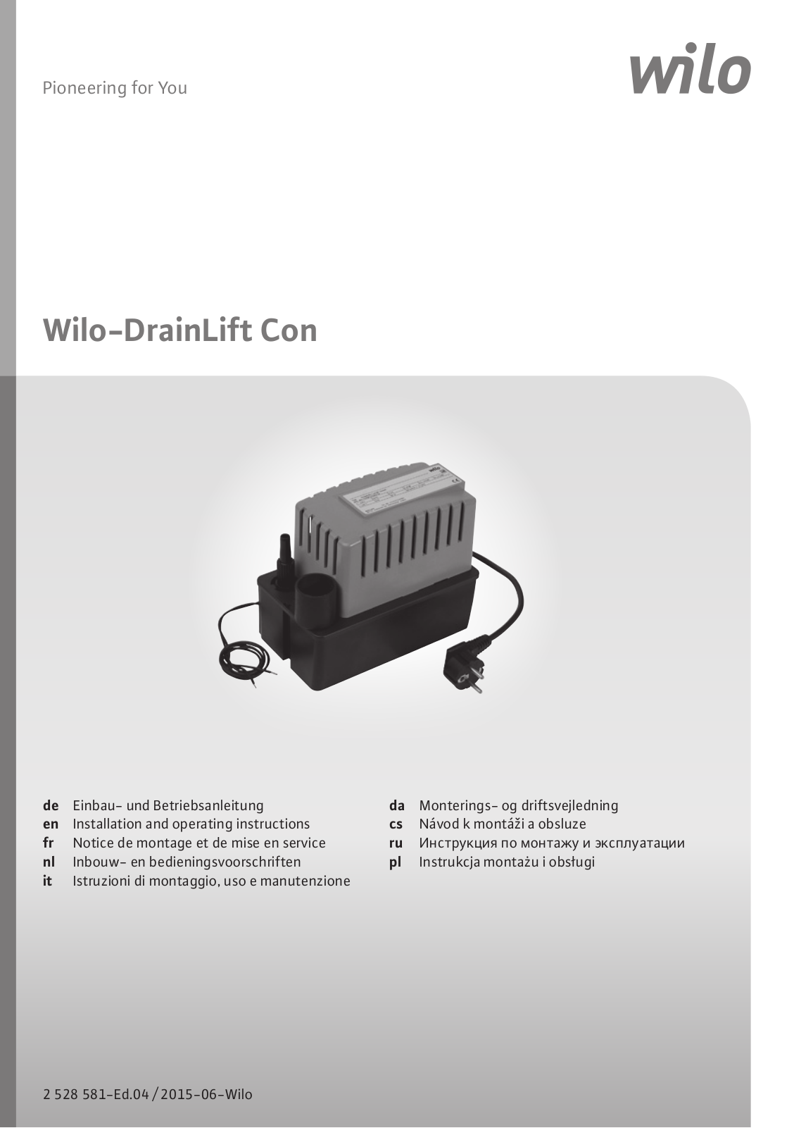 Wilo DrainLift Con Installation And Operating Instructions Manual