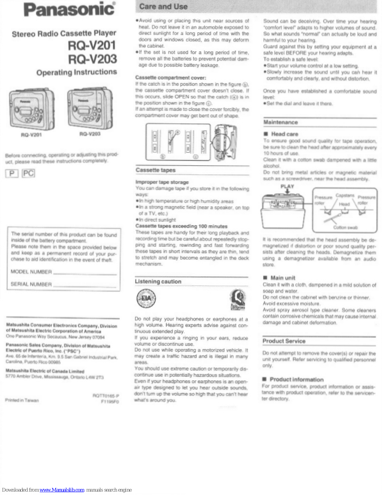 Panasonic EQ-V201, EQ-V203 Operating Instructions Manual