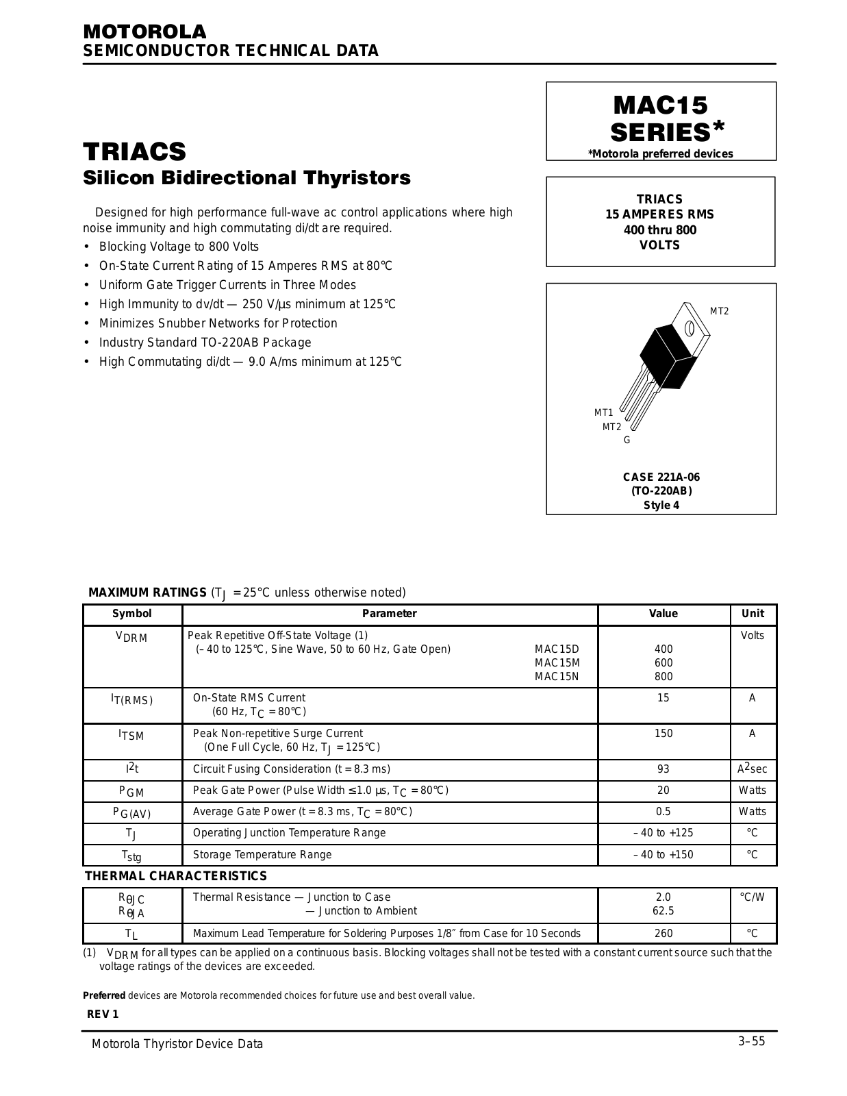 Motorola MAC15N, MAC15M, MAC15D Datasheet