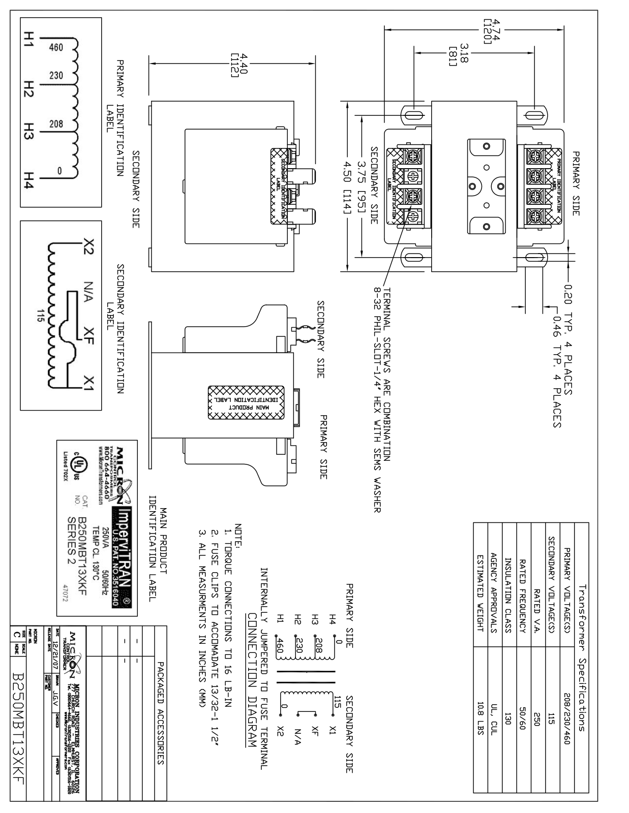 Micron Industries B250MBT13XKF Specification Sheet