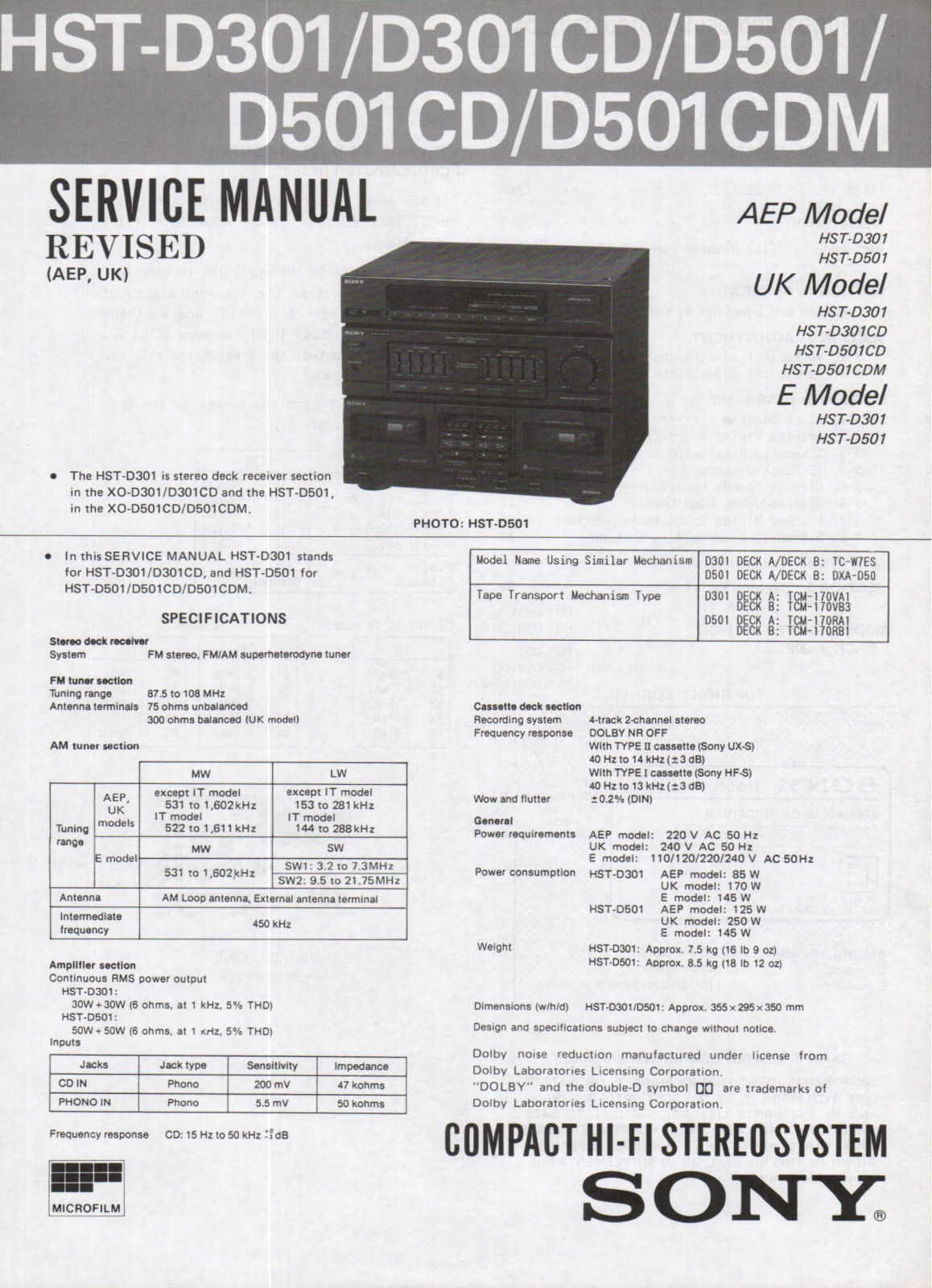 SONY HST D301, HST  D501 Service Manual