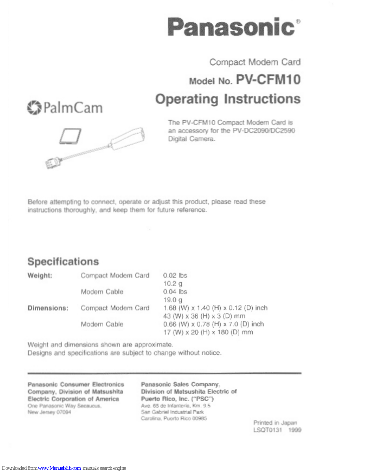 Panasonic PalmCam PV-CFM10 Operating Instructions Manual