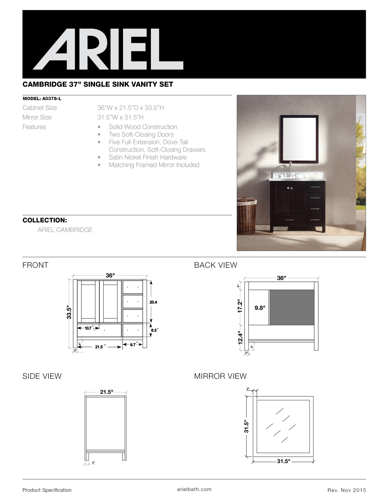 Ariel A037SLVOWHT, A037SLCWRVOESP, A037SLCWRVOGRY, A037SLCWRVOWHT, A037SLVOGRY Specifications