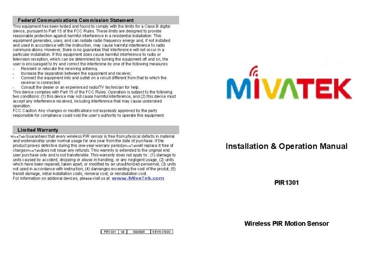 MivaTek PIR02 User Manual