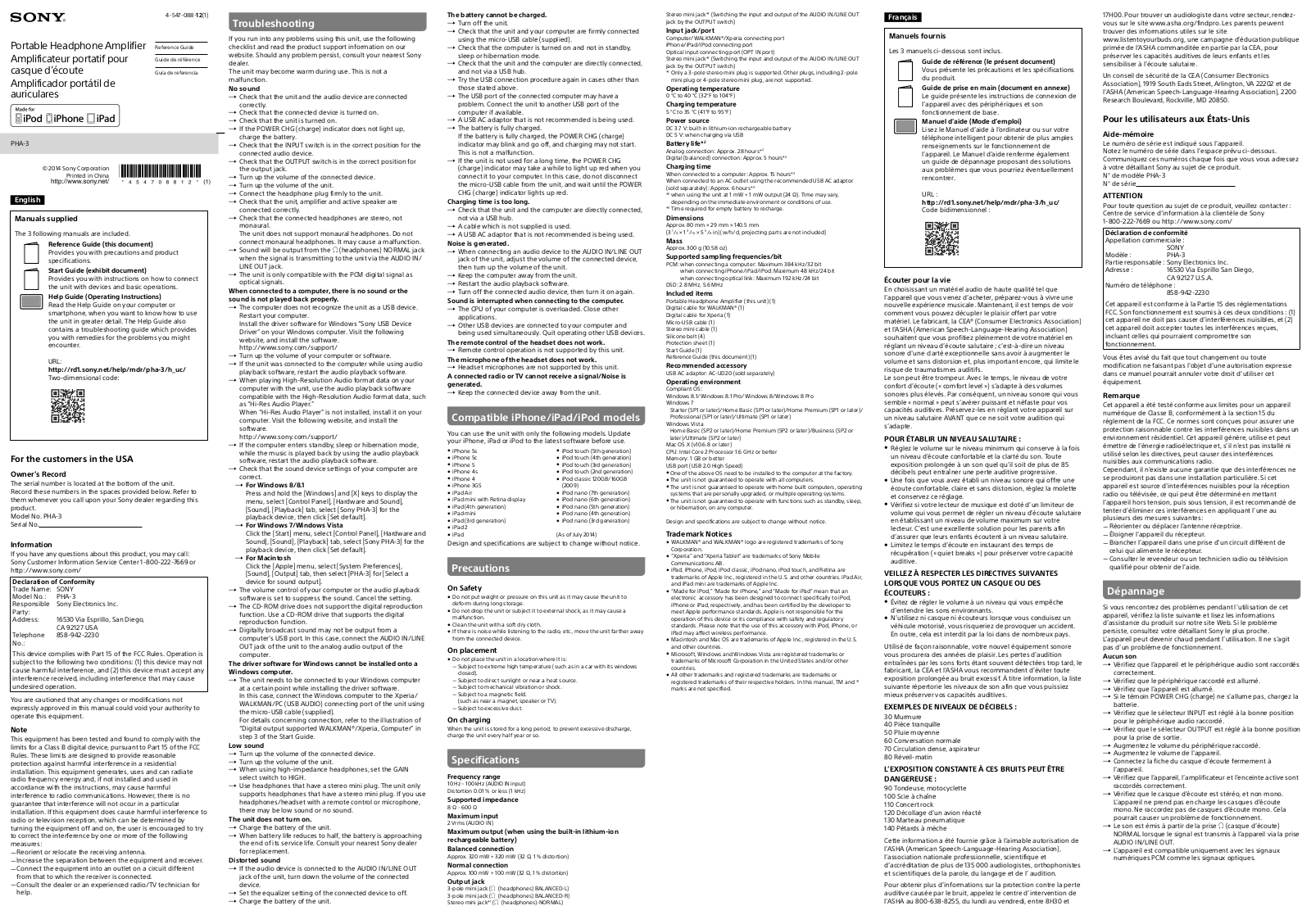 Sony PHA-3 Reference Guide