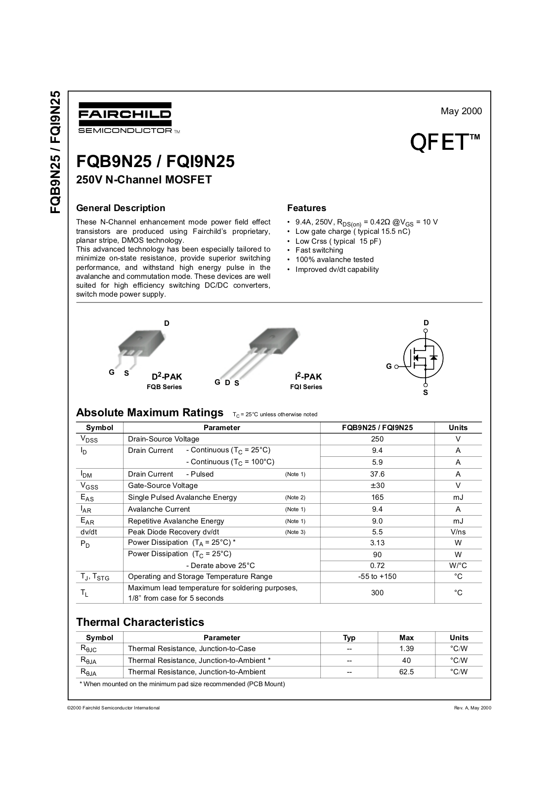 Fairchild Semiconductor FQB9N25 Datasheet