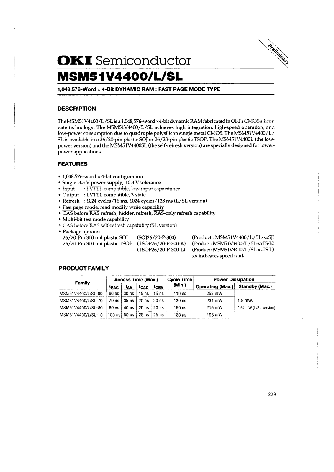 OKI MSM51V4400SL-60SJ, MSM51V4400L-80TS-K, MSM51V4400L-80TS-L, MSM51V4400SL-10SJ, MSM51V4400SL-10TS-K Datasheet