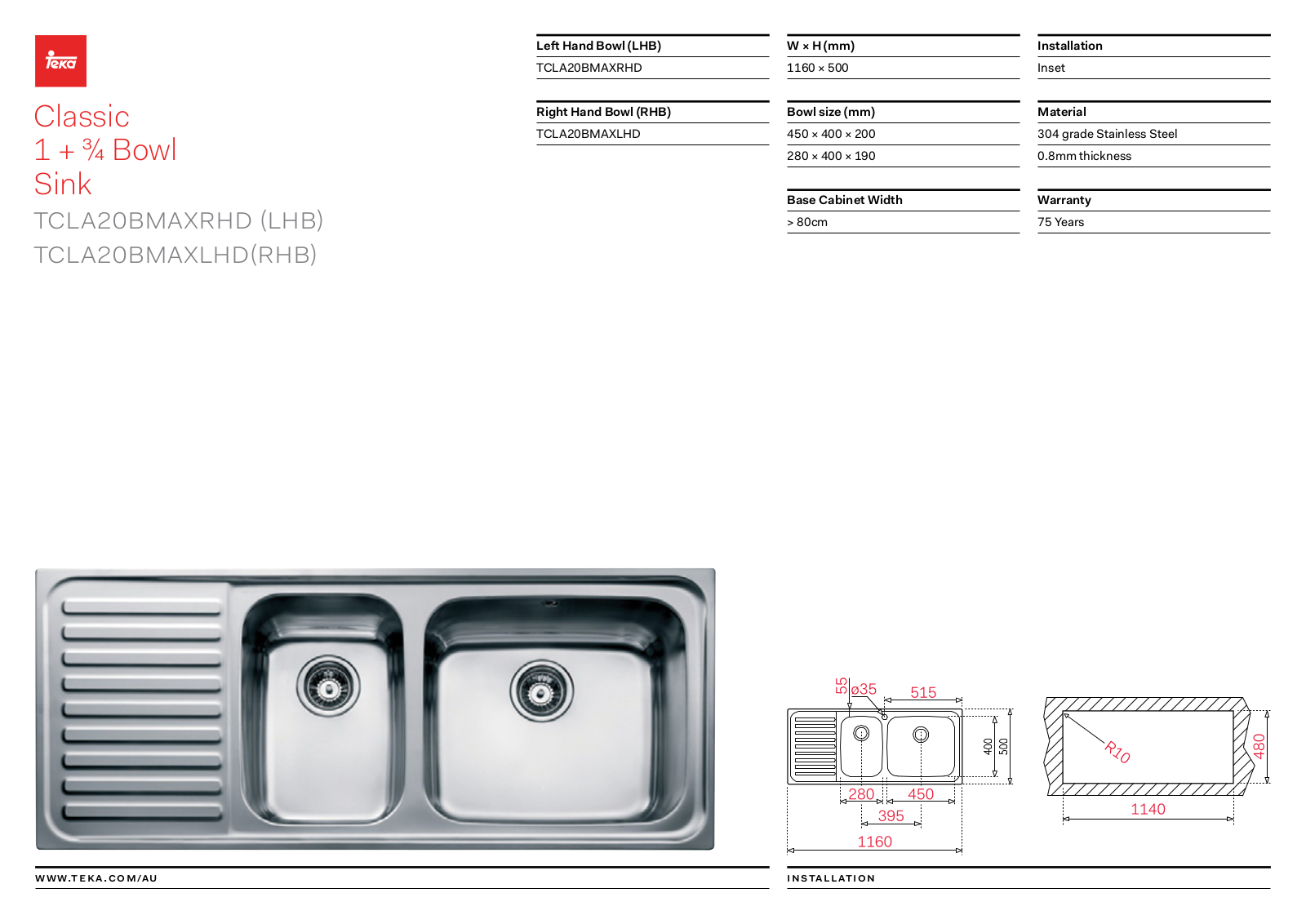 Teka TCLA20BMAXLHD, TCLA20BMAXRHD Specifications Sheet