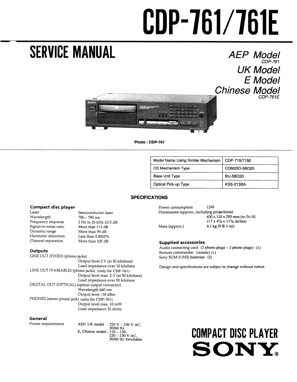 Sony CDP-761-E, CDP-761 Service manual