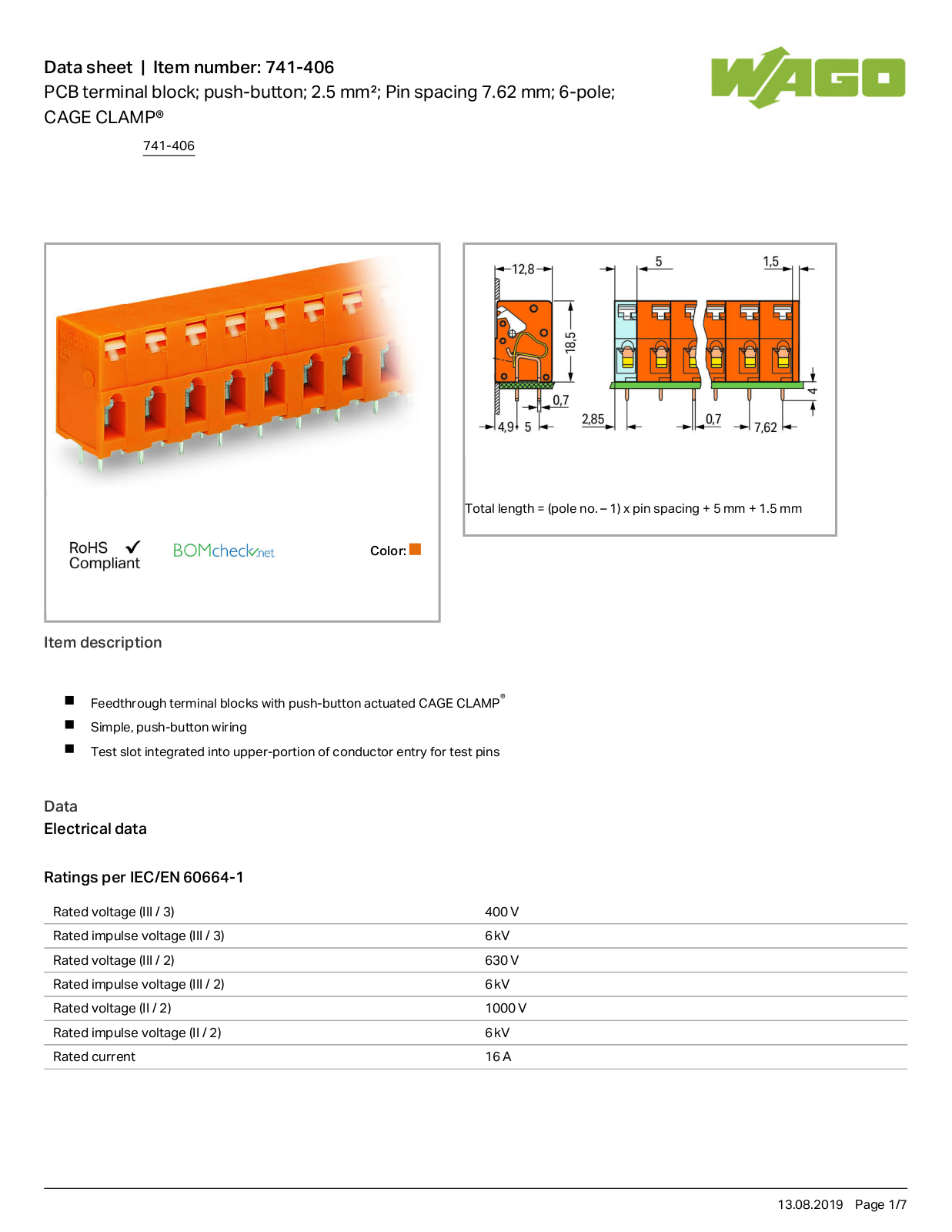 Wago 741-406 Data Sheet