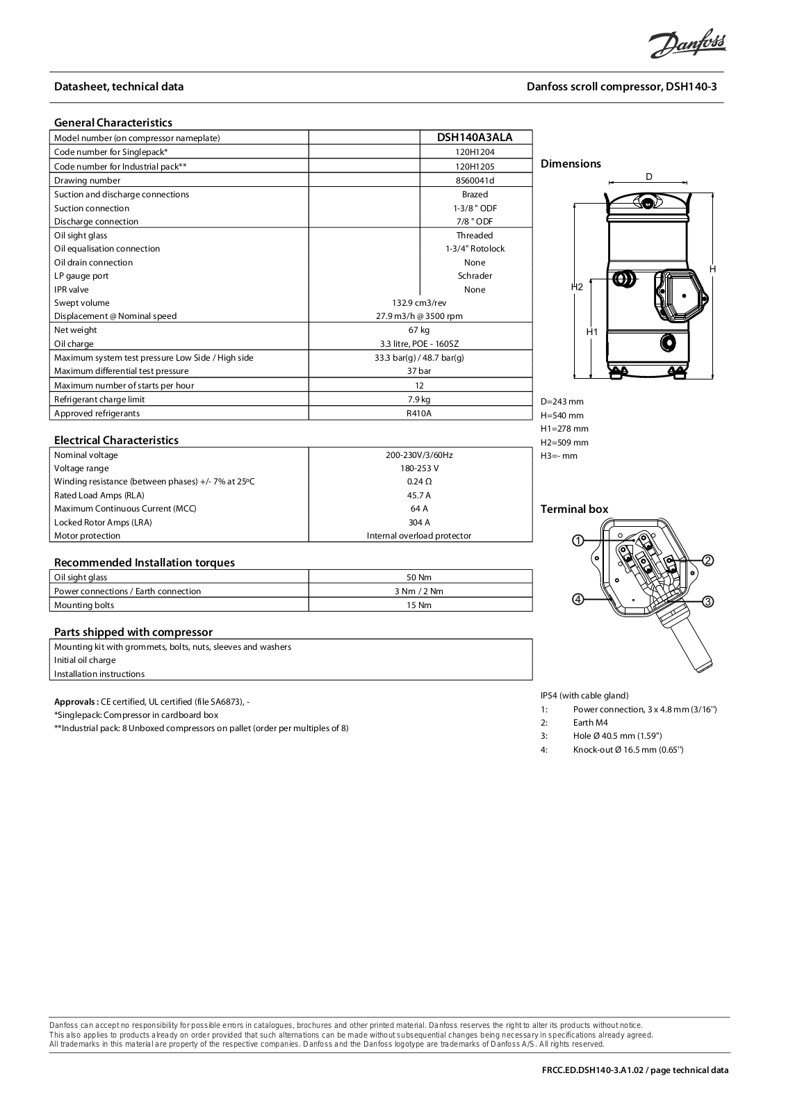 Danfoss Electronics DSH140-3 Data Sheet