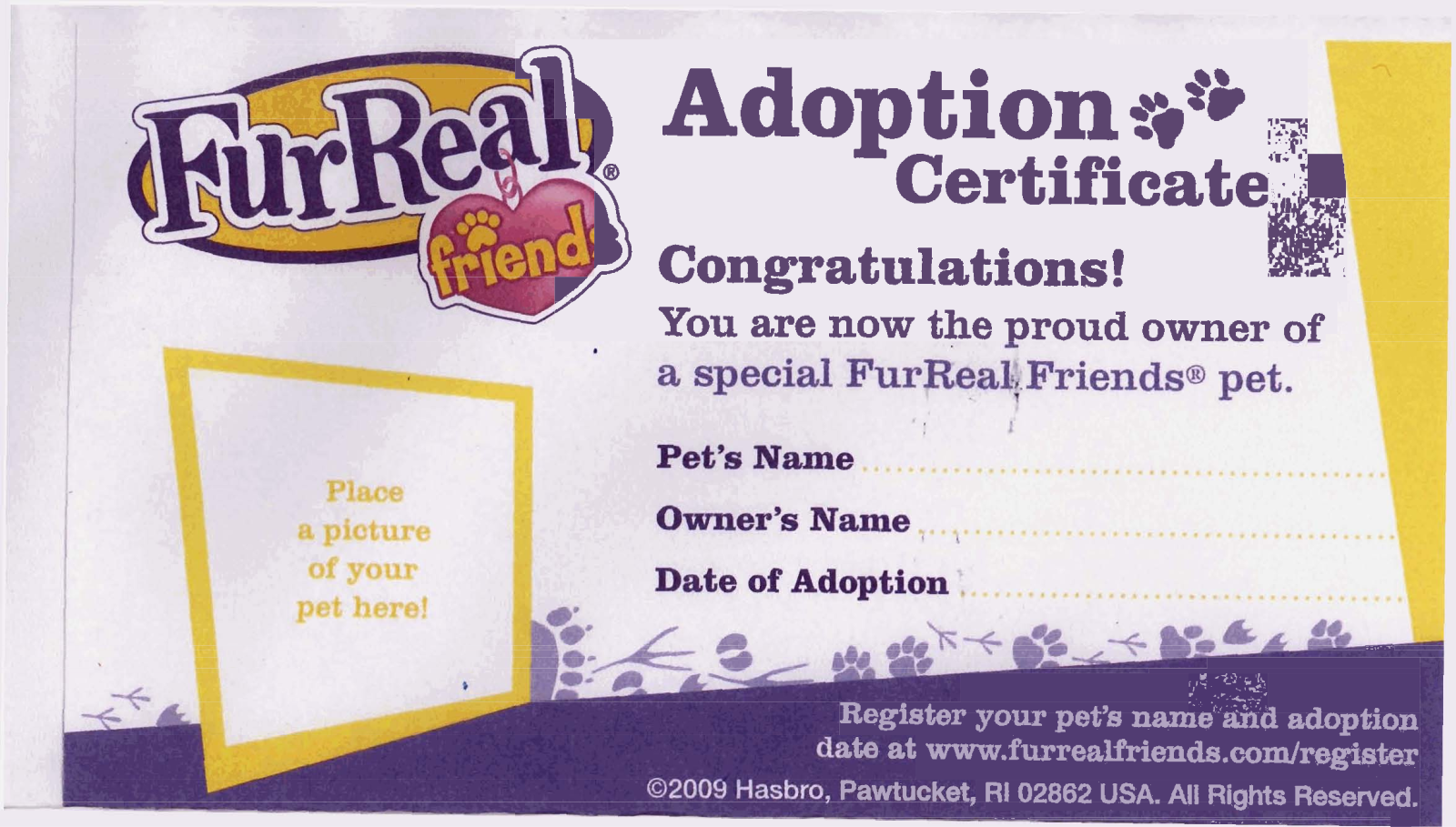 HASBRO FurReal Friends Adoption Certificate User Manual