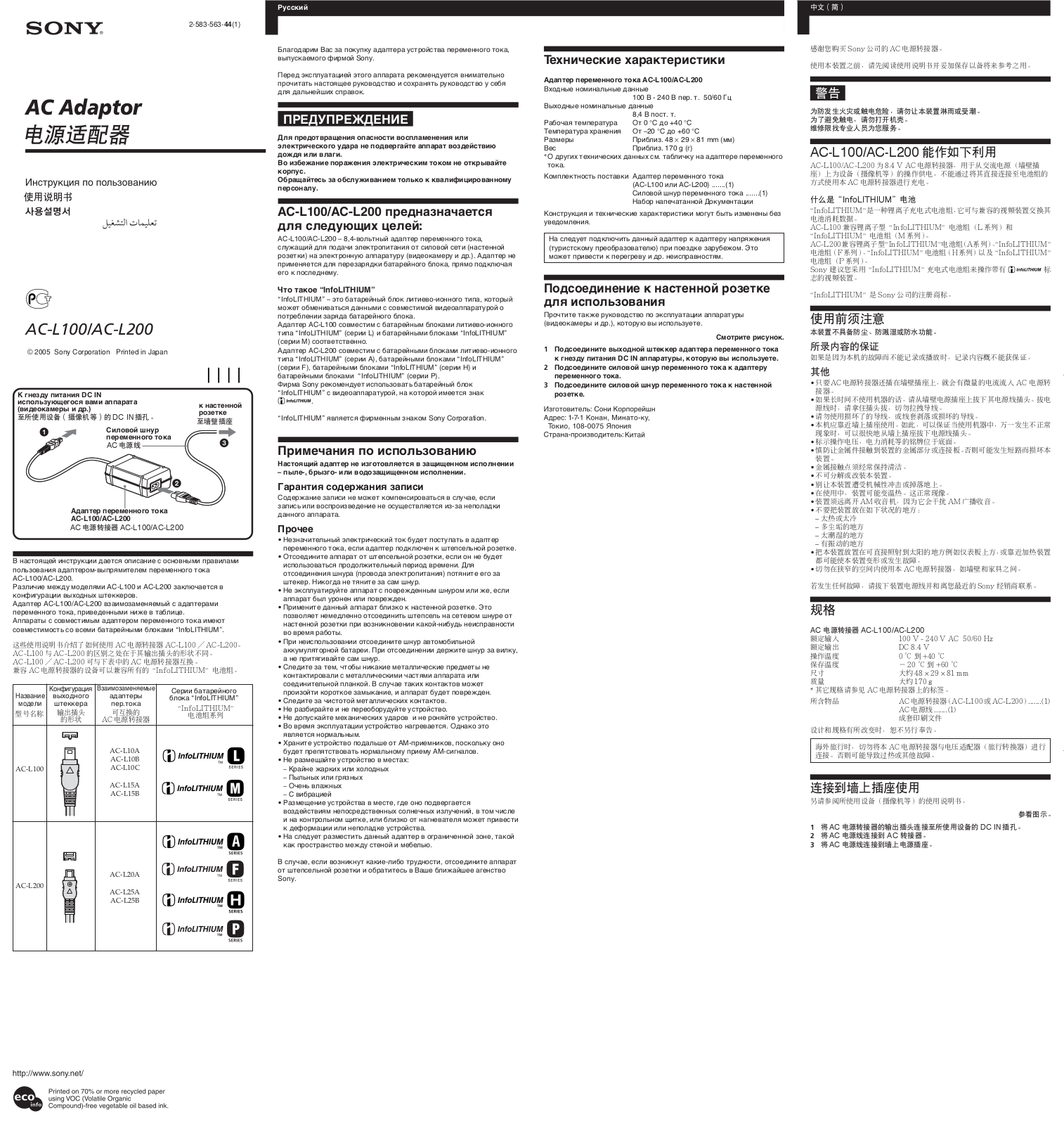 Sony AC-L100 User Manual