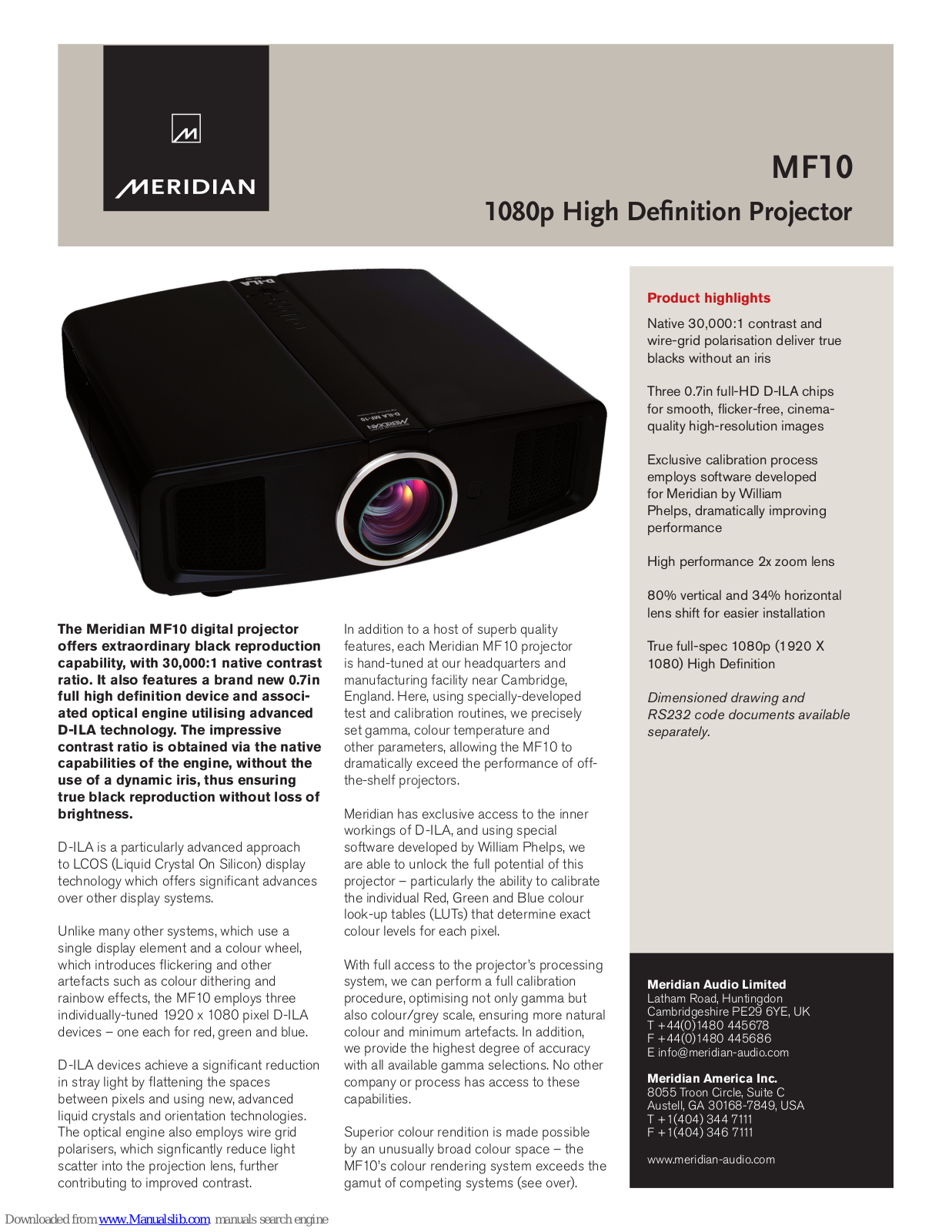 Meridian MF10 Specification Sheet - ManualMachine.com