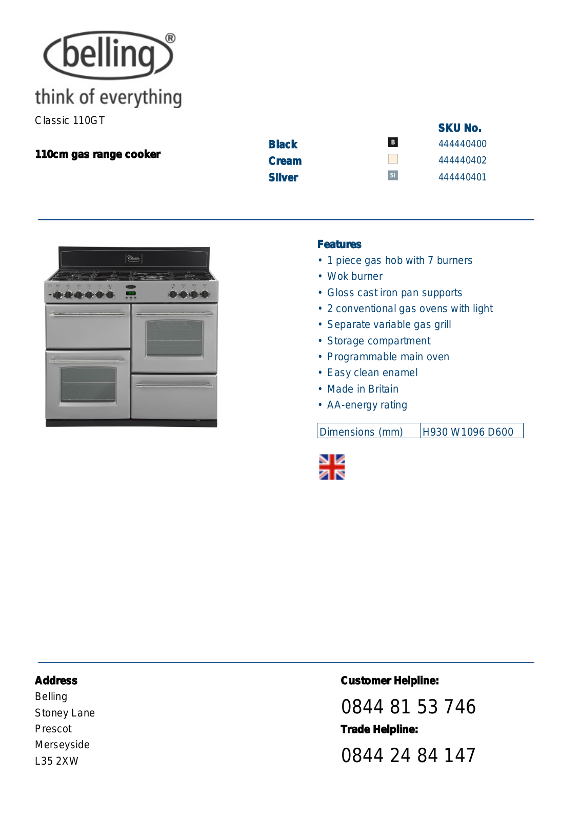 Belling CLASSIC 110GT DATASHEET