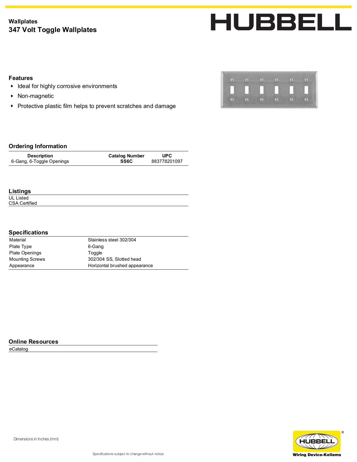 Hubbell SS6C Specifications