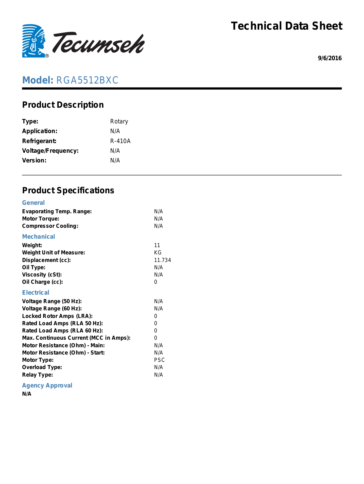 Tecumseh RGA5512BXC User Manual