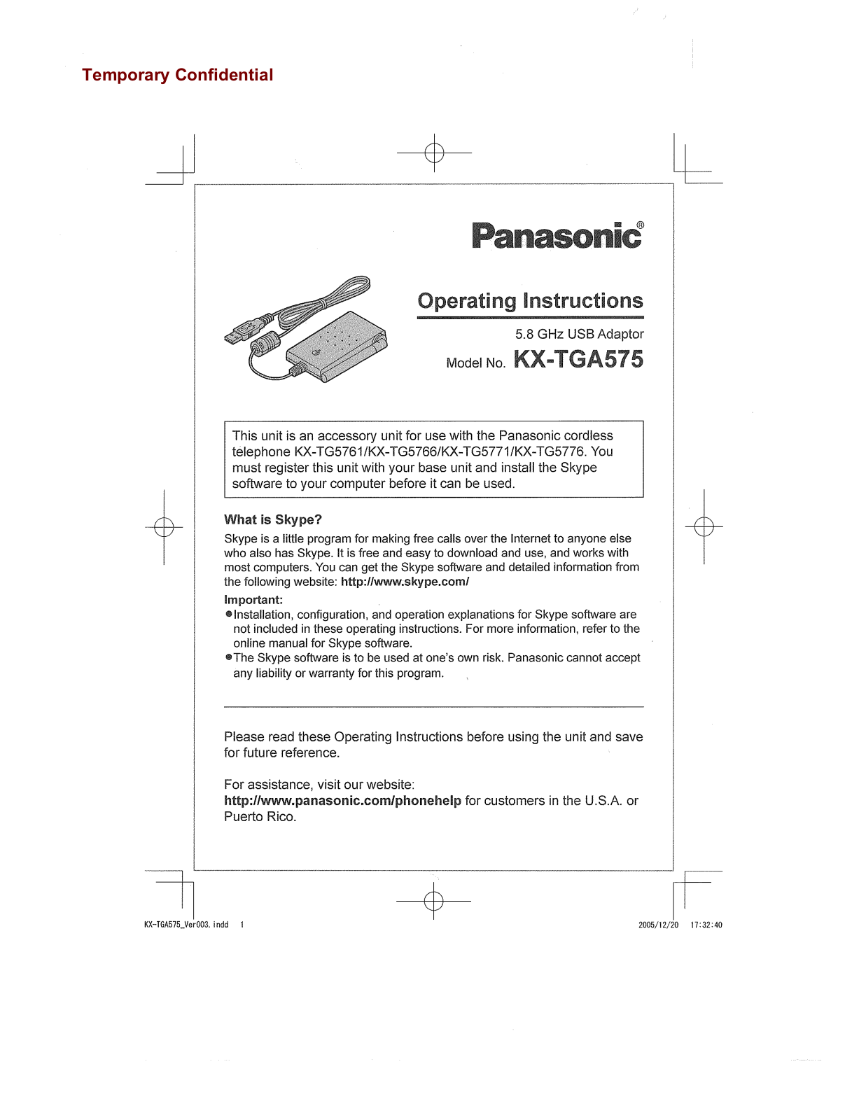Panasonic of North America 96NKX TGA575 User Manual