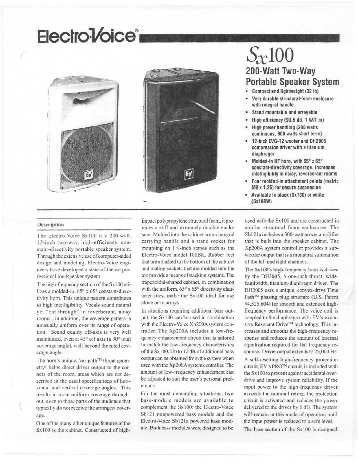 Electro-voice SX100 DATASHEET