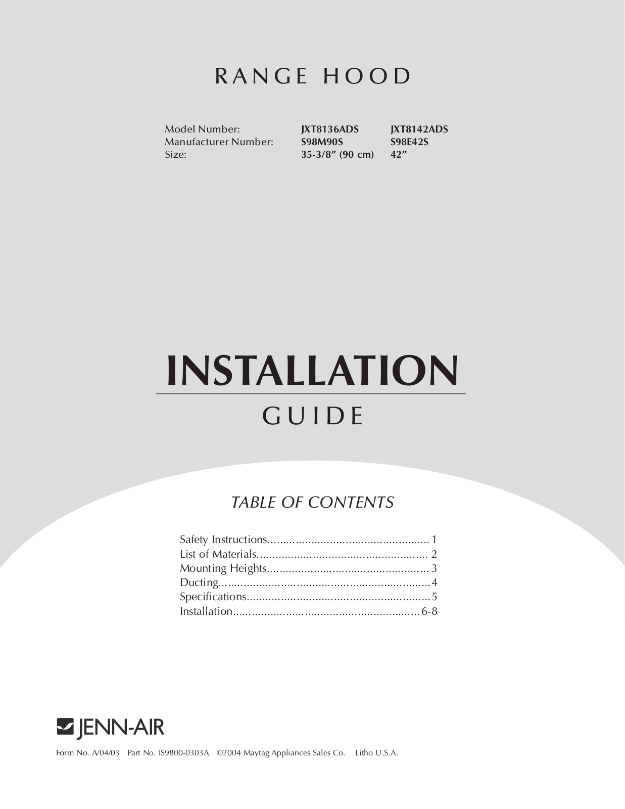 Jenn-Air JXT8136ADS, JXT8142ADS Installation Instruction