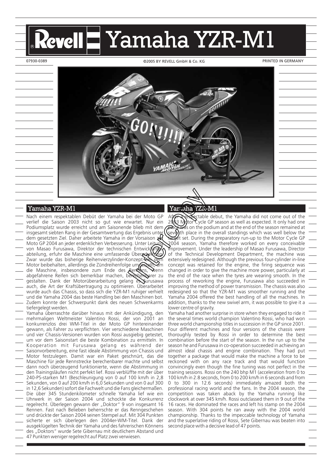 REVELL 04 Yamaha YZR-M1 MotoGP World Champ V. Rossi User Manual