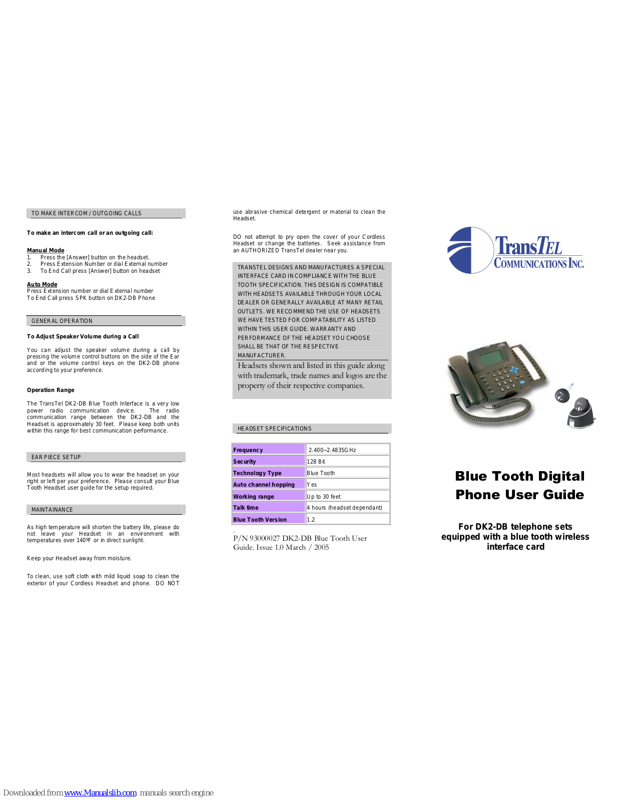 TransTel Communications DK2-DB User Manual