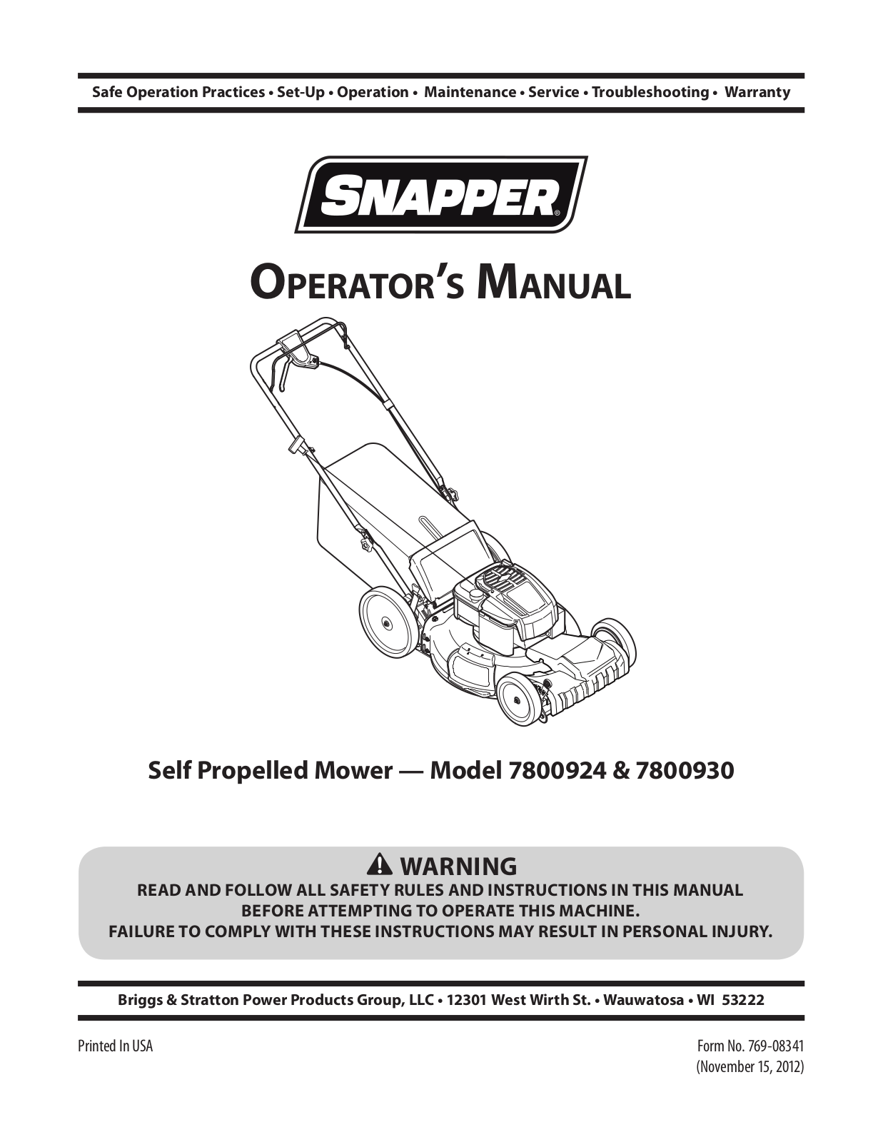 Snapper 7800924, 7800930, 7800956, 7800961, 7800923 Operator's Manual