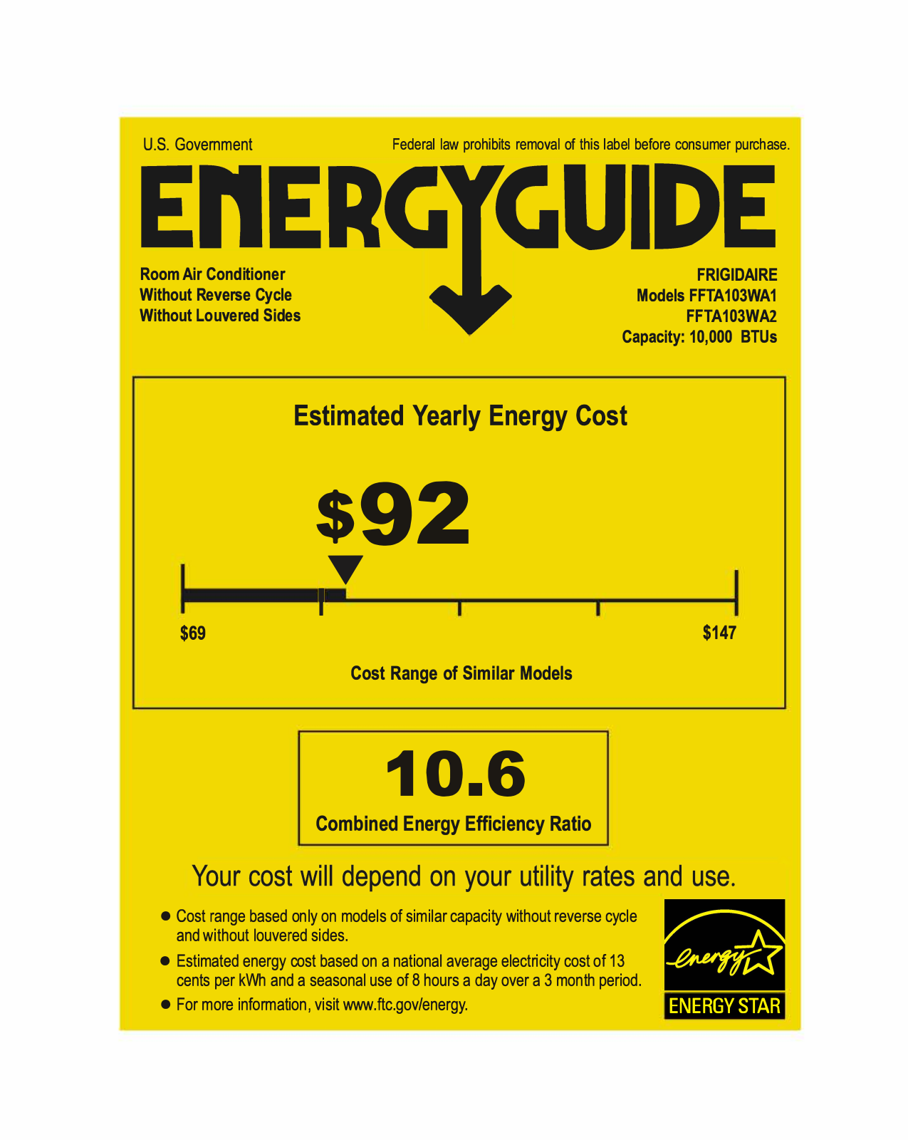 Frigidaire FFTA103WA2 Energy manual