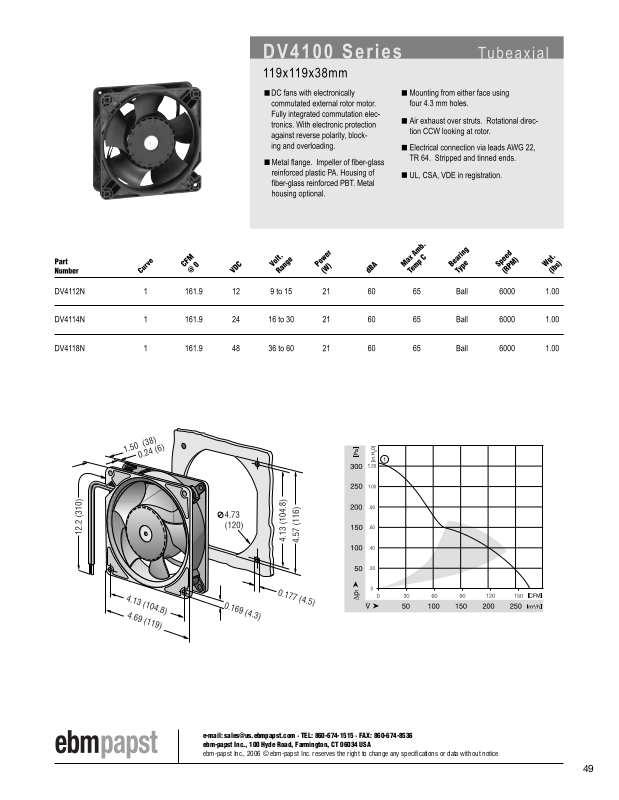 Ebm-papst Tubeaxial Series DV4100 Catalog Page