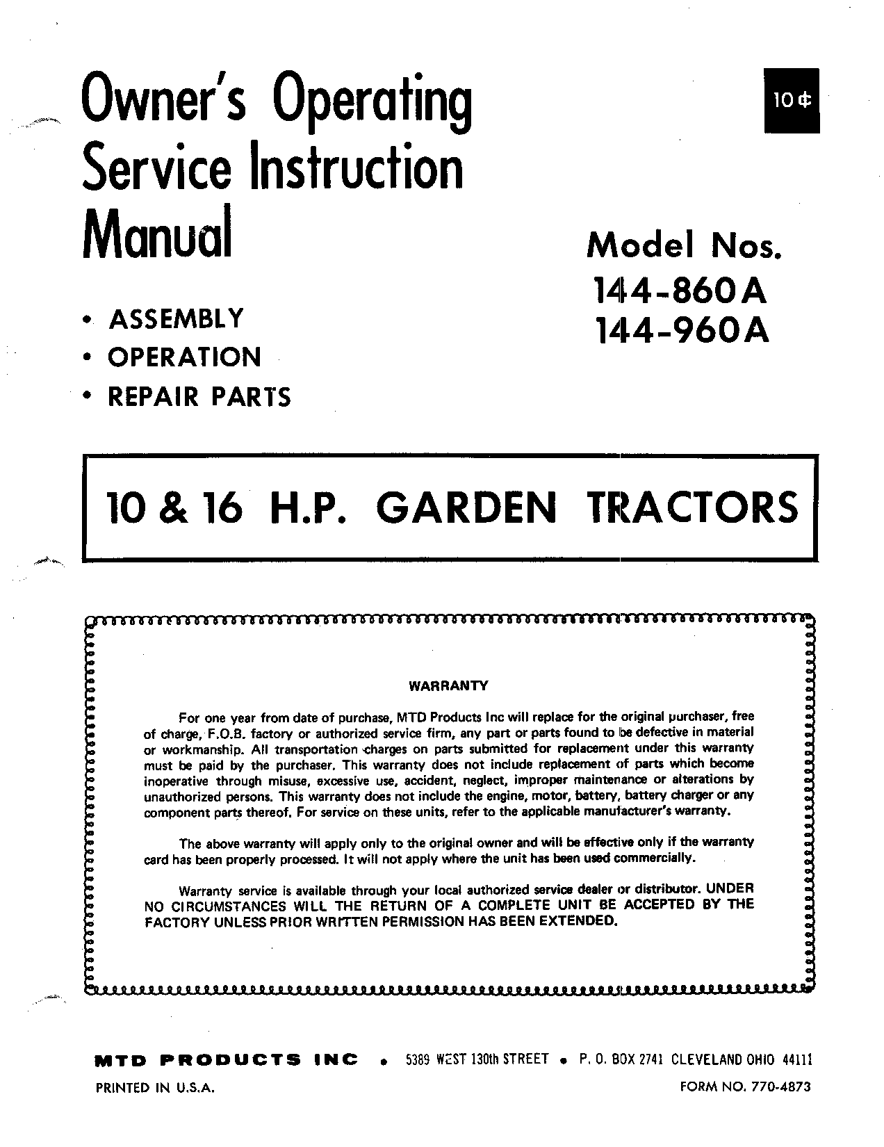 MTD 144-860A, 144-960A User Manual