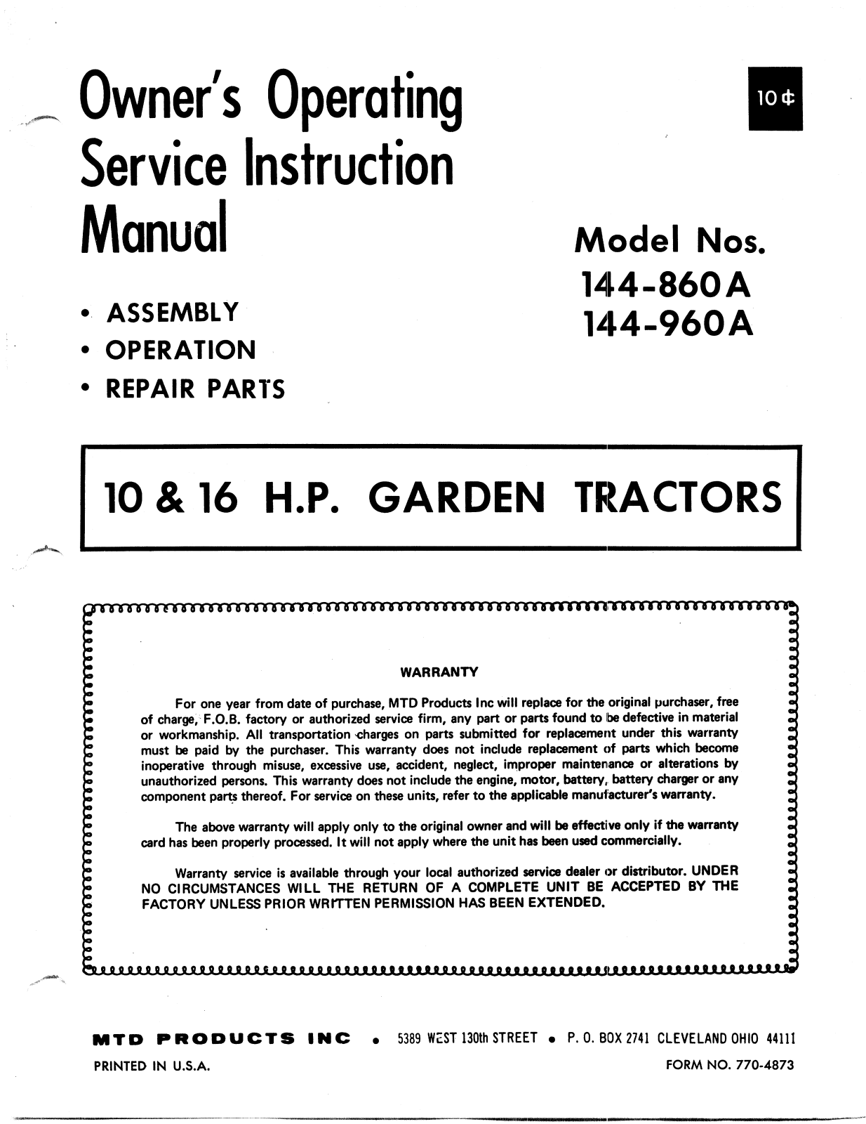 MTD 144-860A, 144-960A User Manual