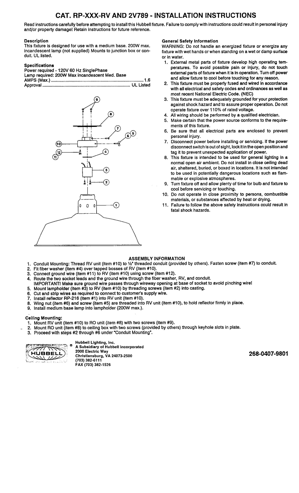 Hubbell lighting RP, RV, 2V User Manual