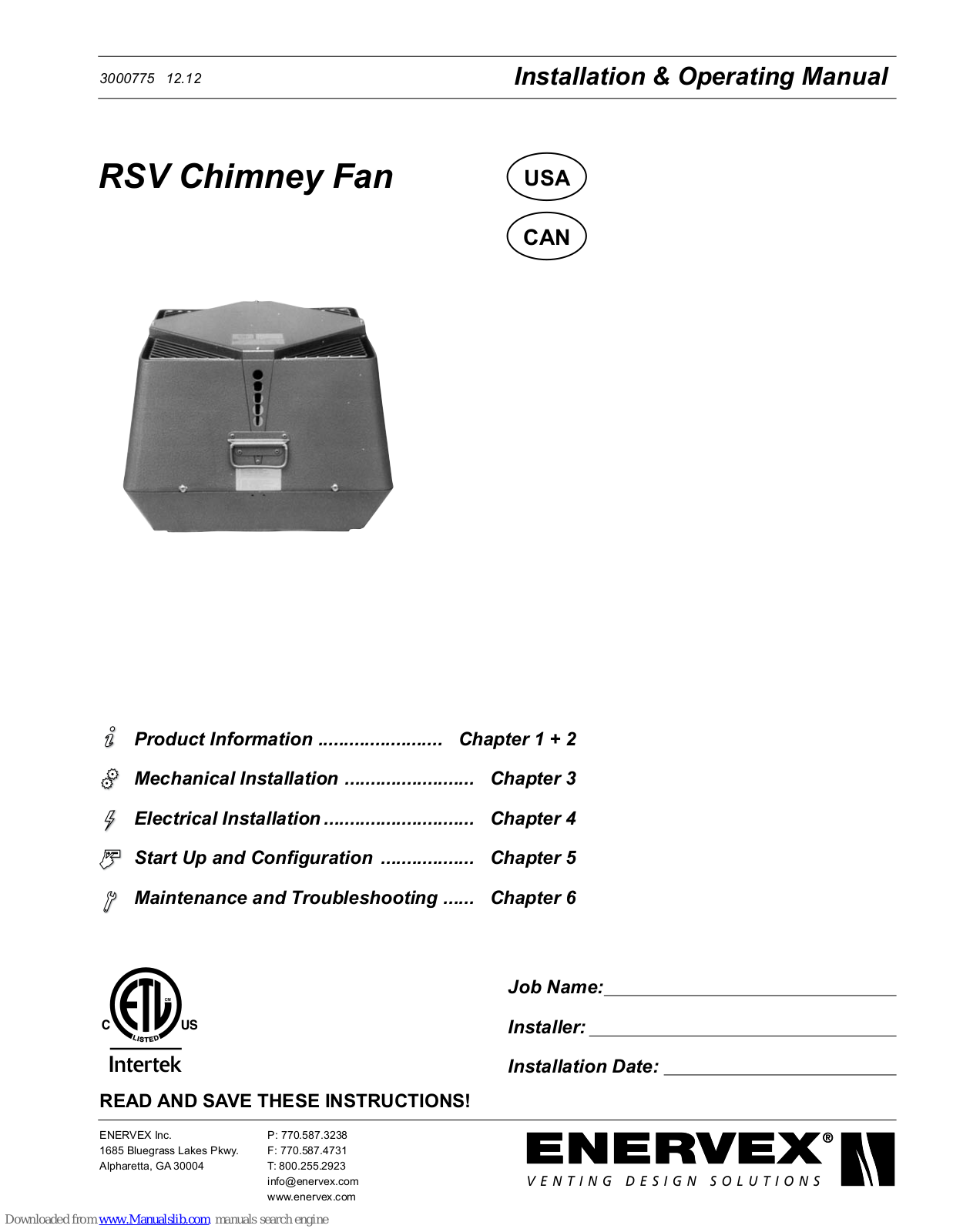 ENERVEX RSV, RSV 200, RSV 250, RSV 315, RSV 400 Installation & Operating Manual