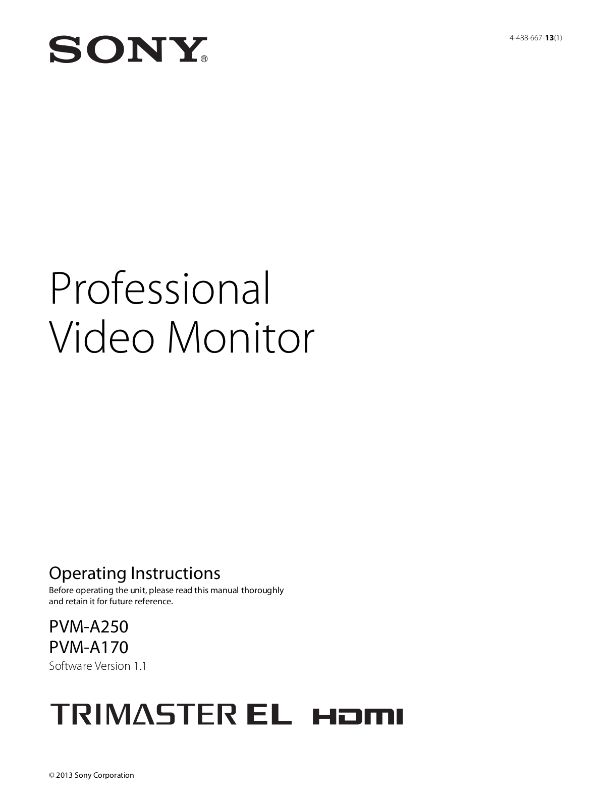 Sony PVM-A250, TRIMASTER EL PVM-A250, TRIMASTER EL PVM-A170 Operating Instructions Manual