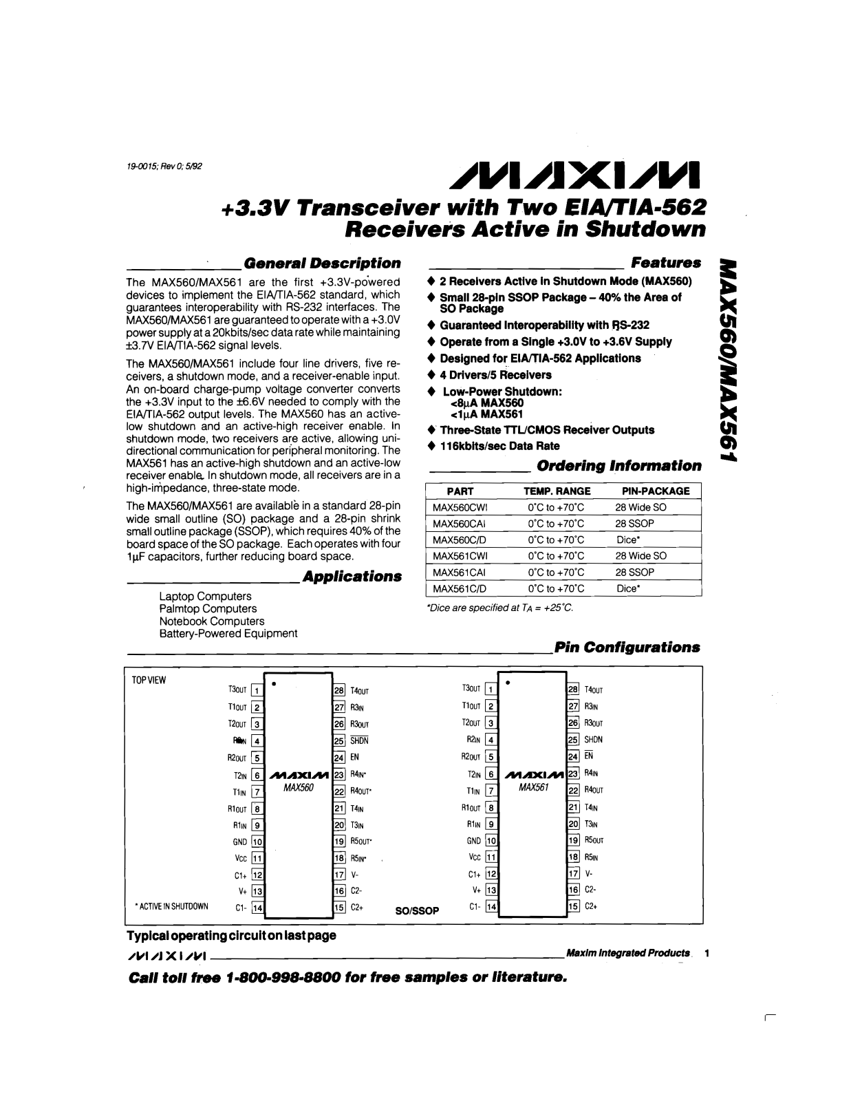 Maxim MAX561CWI, MAX561CAI, MAX560CWI, MAX560CAI, MAX560C-D Datasheet