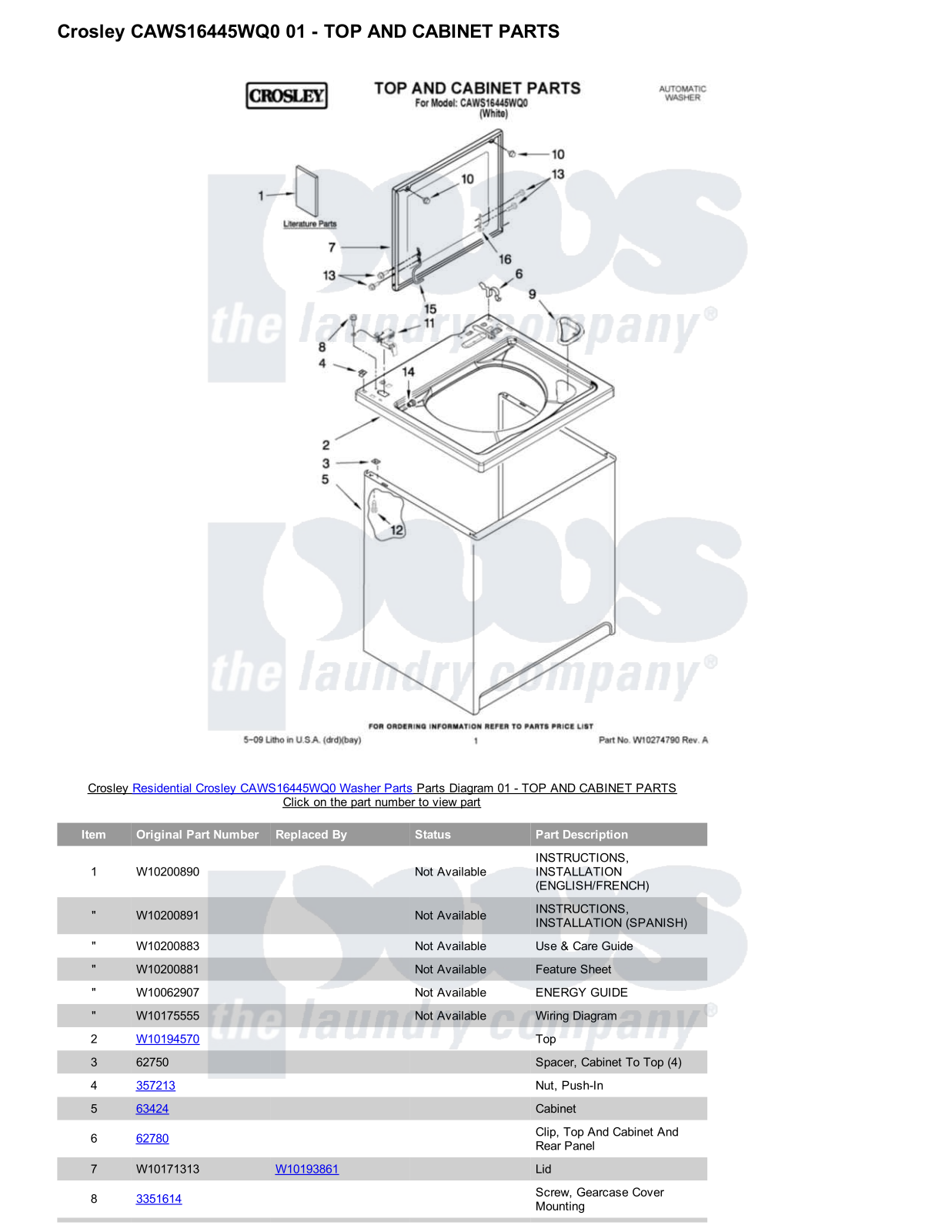 Crosley CAWS16445WQ0 Parts Diagram