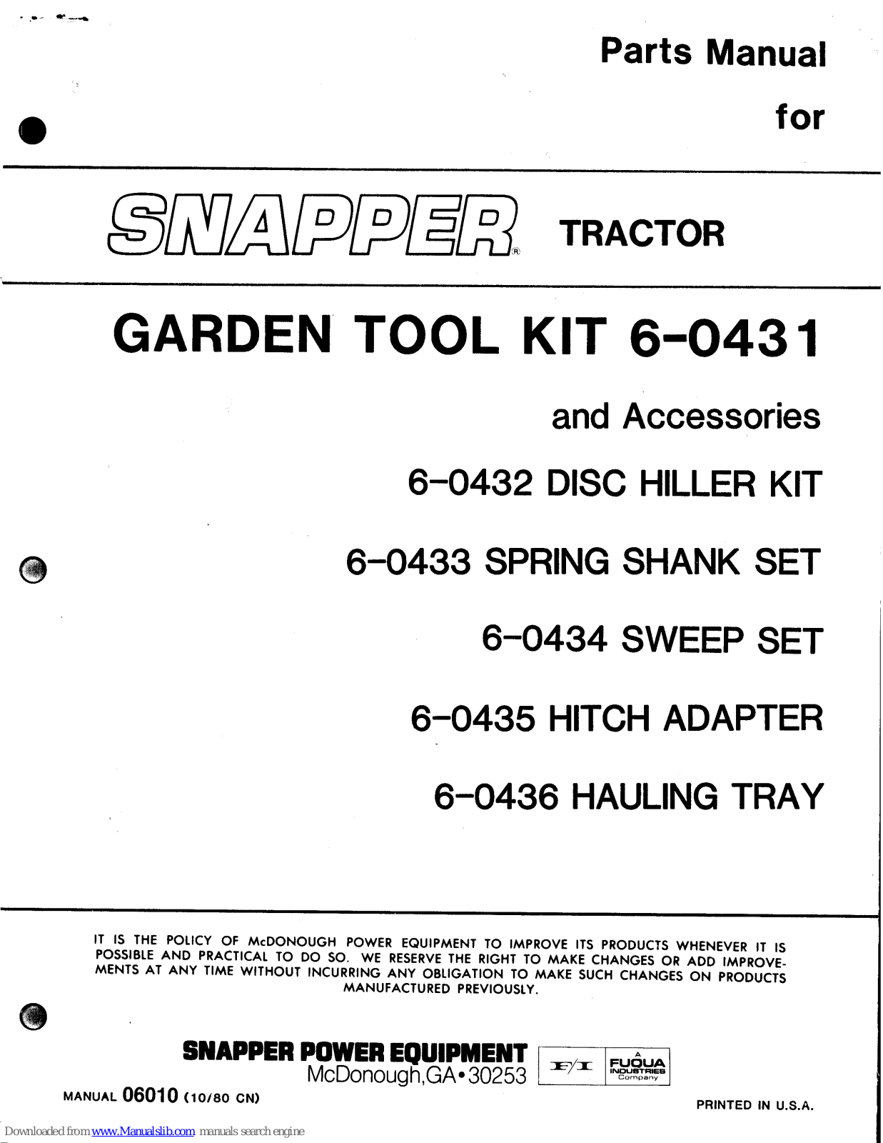 Snapper 6-0431,6-0432,6-0433,6-0434,6-0435,6-0436 Parts Manual