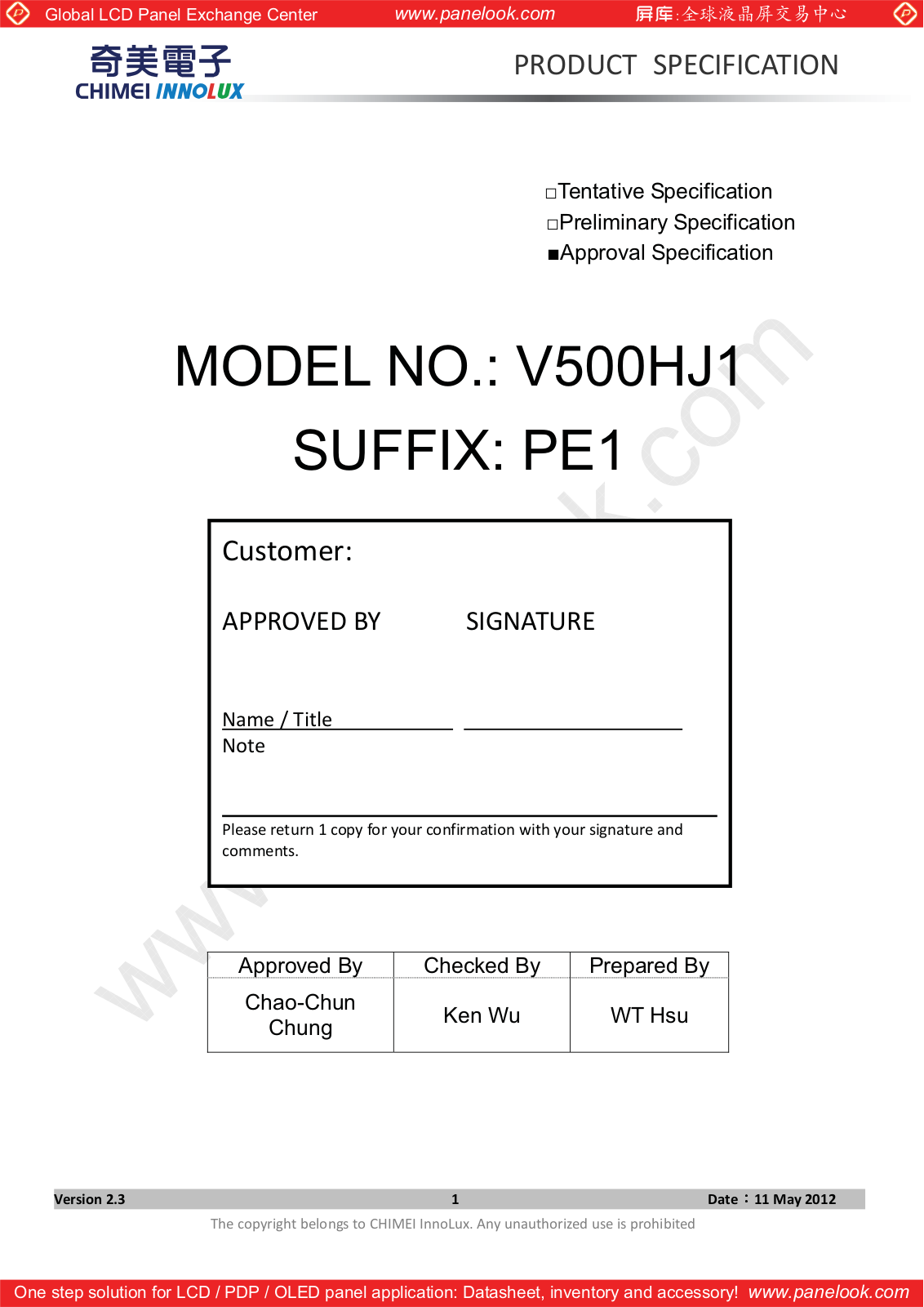 CHIMEI INNOLUX V500HJ1-PE1 Specification