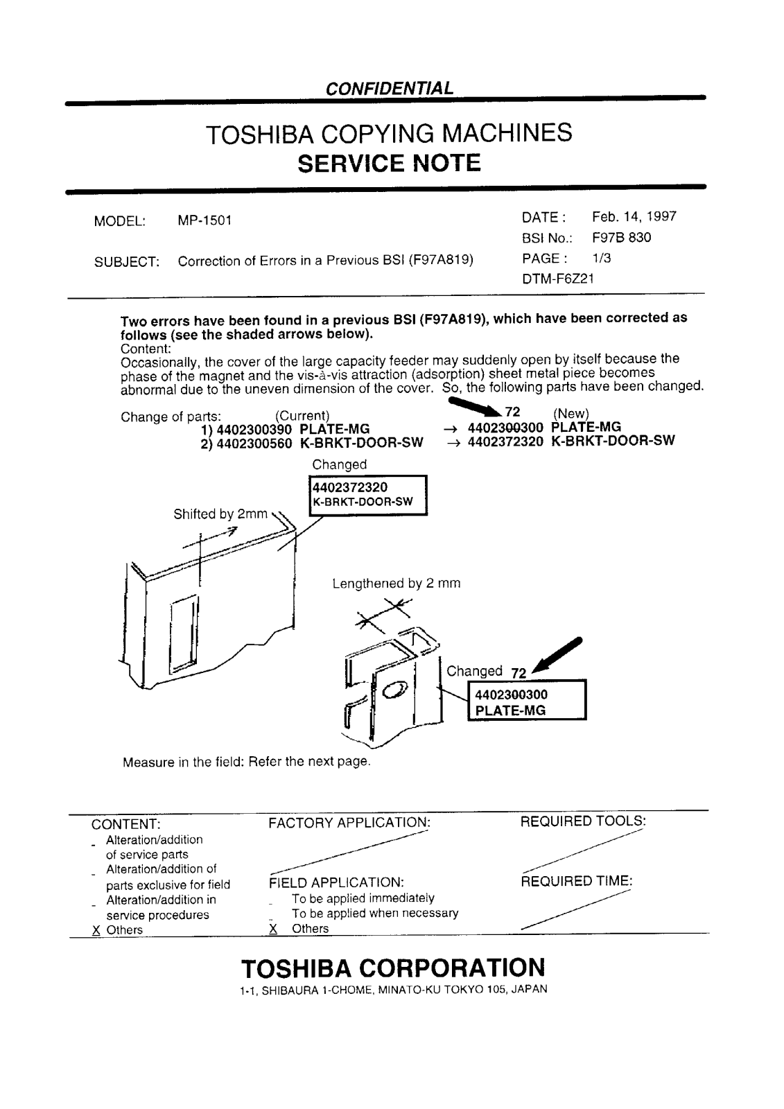 Toshiba f97b830 Service Note