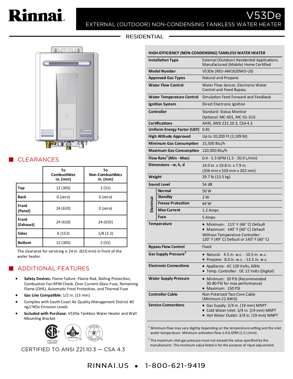 Rinnai Water Heater V53DeP Specifications