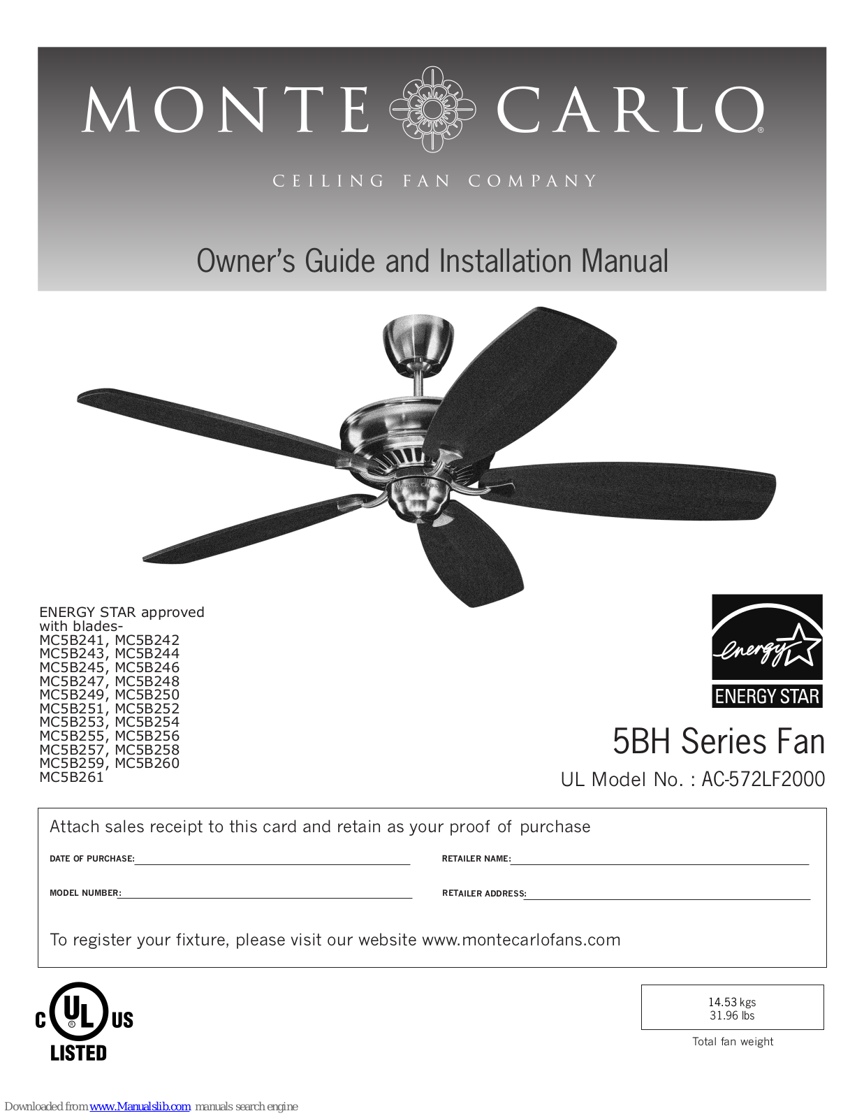 Monte Carlo Fan MC5B242, MC5B245, MC5B243, MC5B244, MC5B246 Owner's Manual And Installation Manual