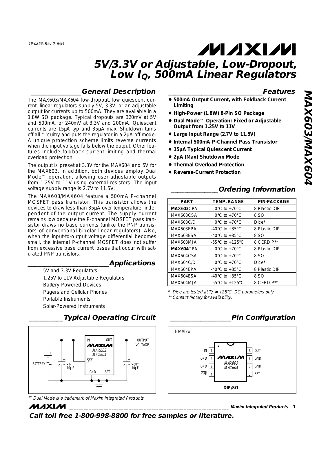 Maxim MAX604MJA, MAX604ESA, MAX604EPA, MAX604CPA, MAX604C-D Datasheet