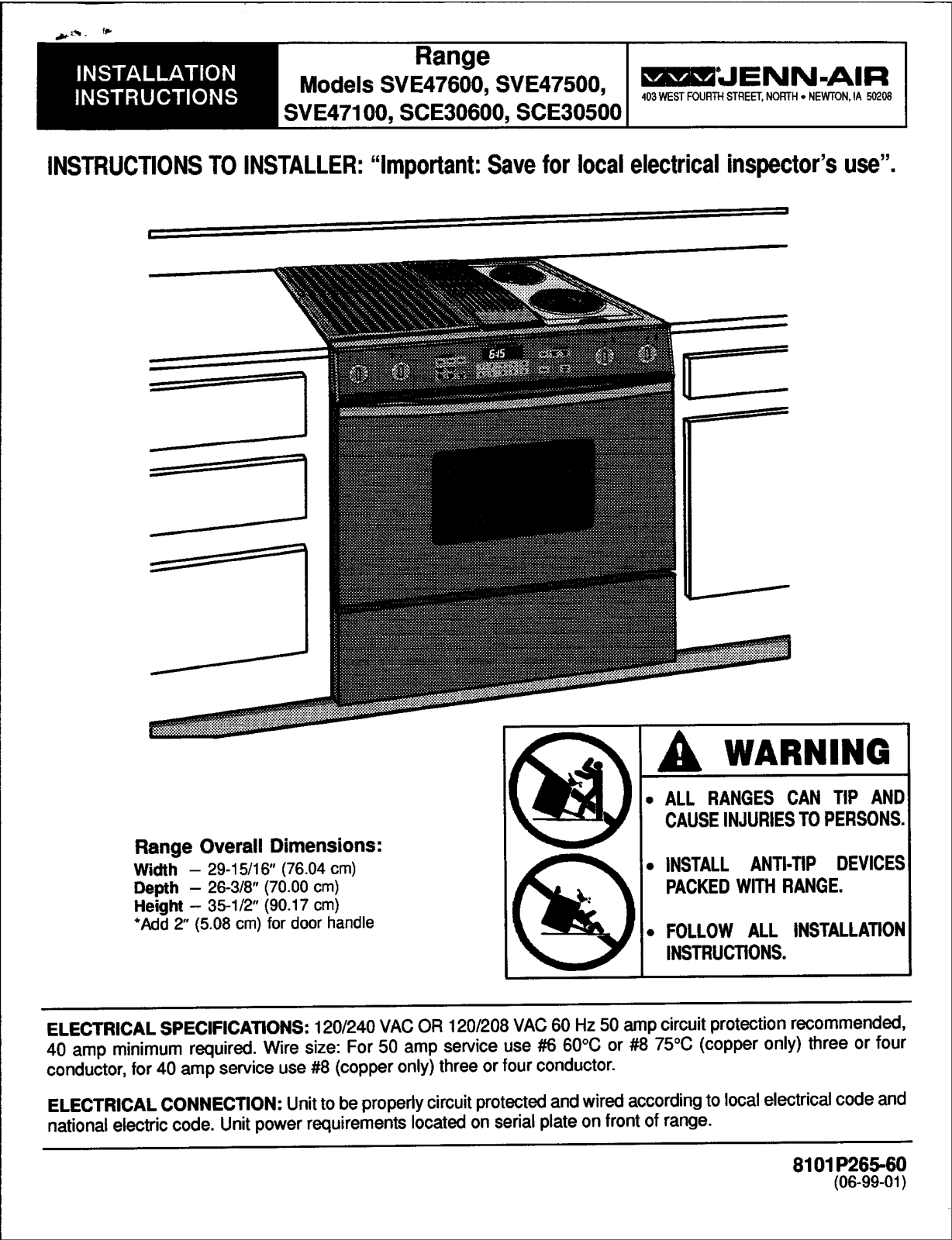 Jenn-Air SCE30500B, SCE30500W, SCE30600B, SCE30600BC, SCE30600W Installation Instructions