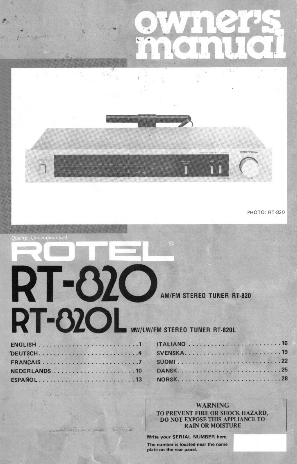 Rotel RT-820L, RT-820 User Manual